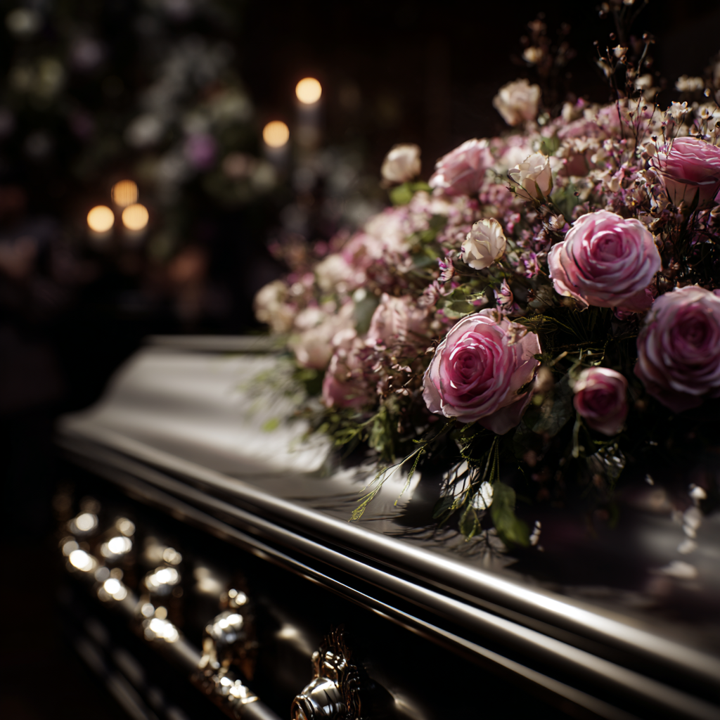 A bouquet of flowers on a casket | Source: Midjourney