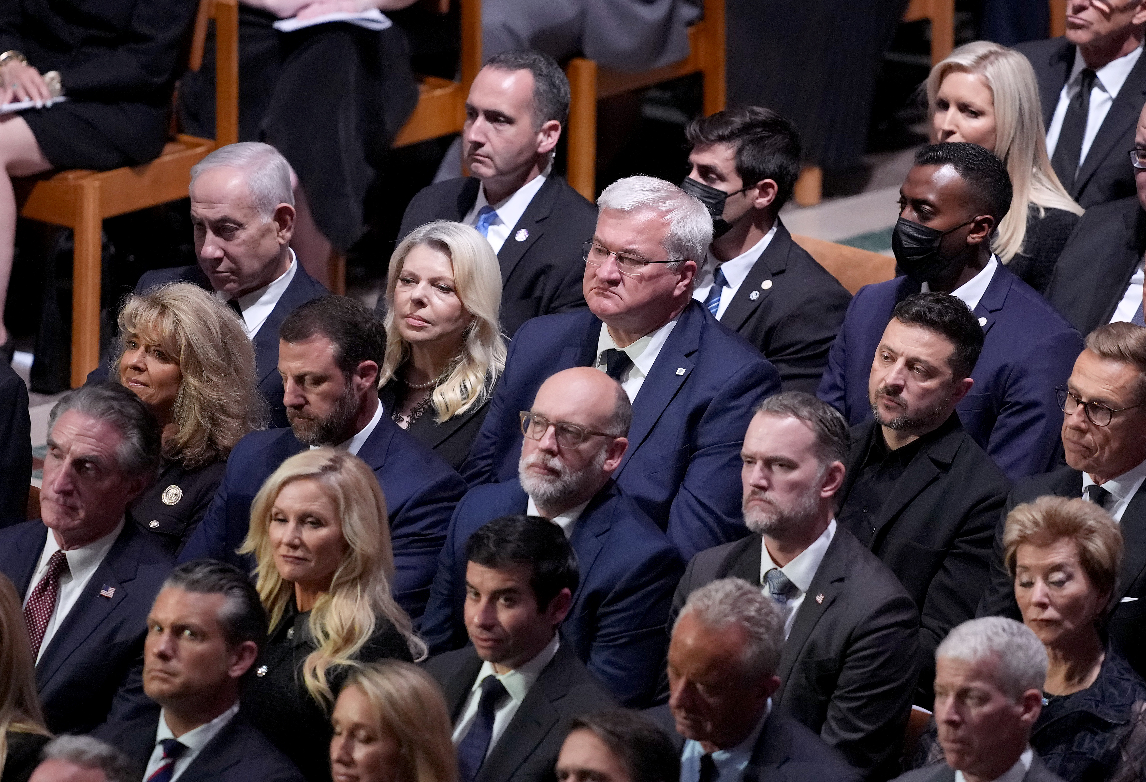Israeli Prime Minister Benjamin Netanyahu and Ukrainian President Volodymyr Zelenskyy were among the foreign leaders who attended the Washington service. Their presence underscored Lindsey Graham's longstanding advocacy for both nations. | Source: Getty Images