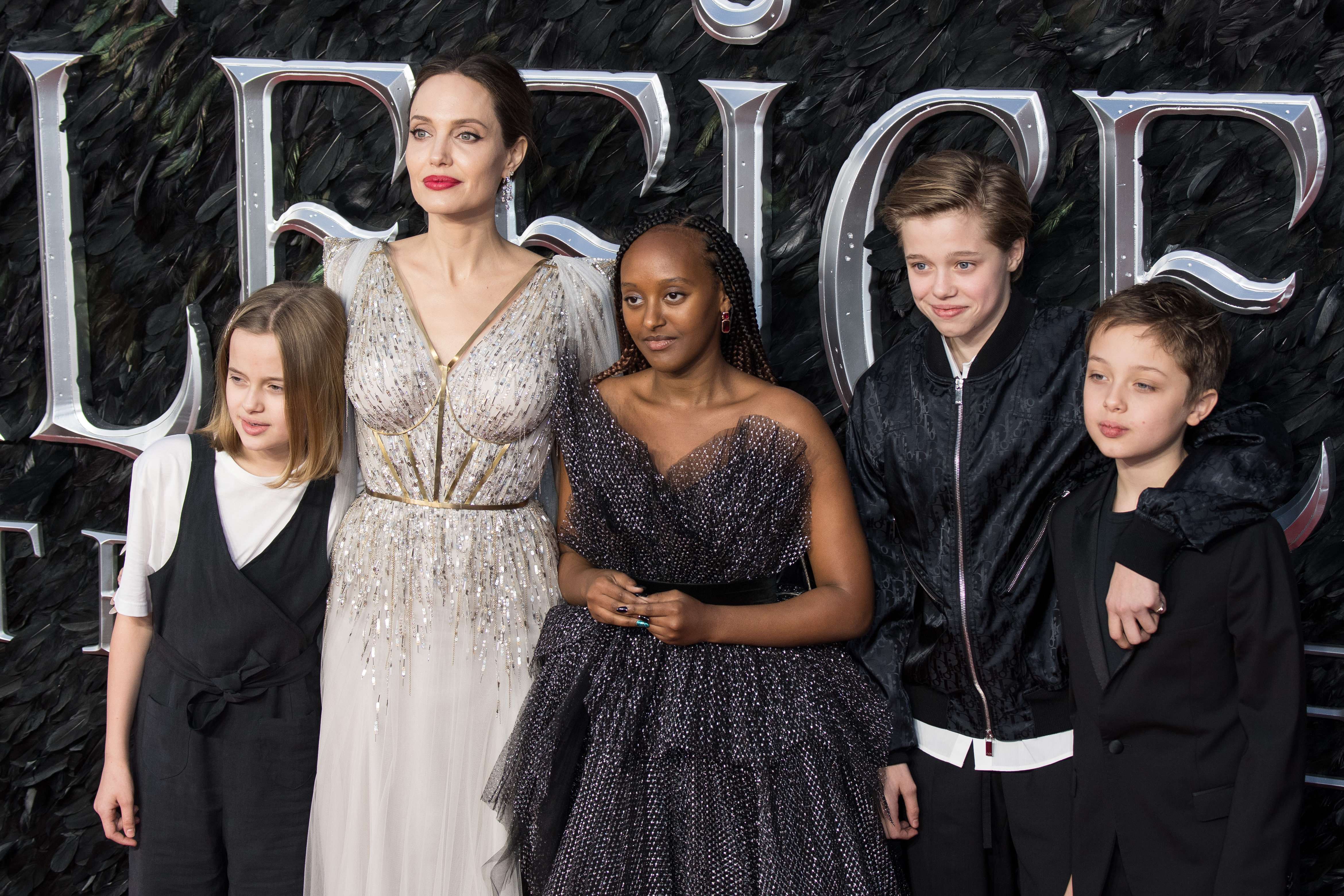 Vivienne, Angelina Jolie, Zahara, Shiloh, and Knox Jolie-Pitt attend the European premiere of "Maleficent: Mistress of Evil" at Odeon IMAX Waterloo in London, England, on October 9, 2019. | Source: Getty Images