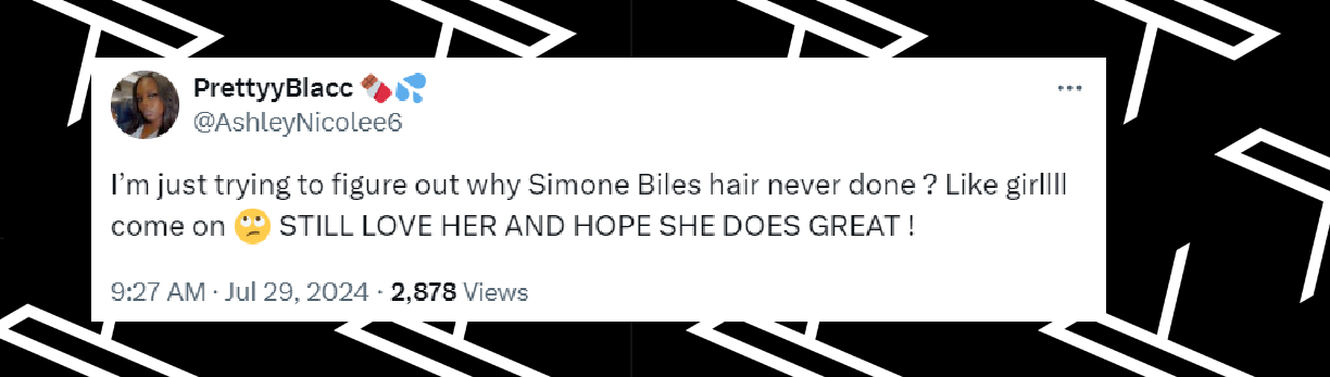 User comment about Simone Biles's hair, posted in July 2024 | Source: X.com/AshleyNicolee6