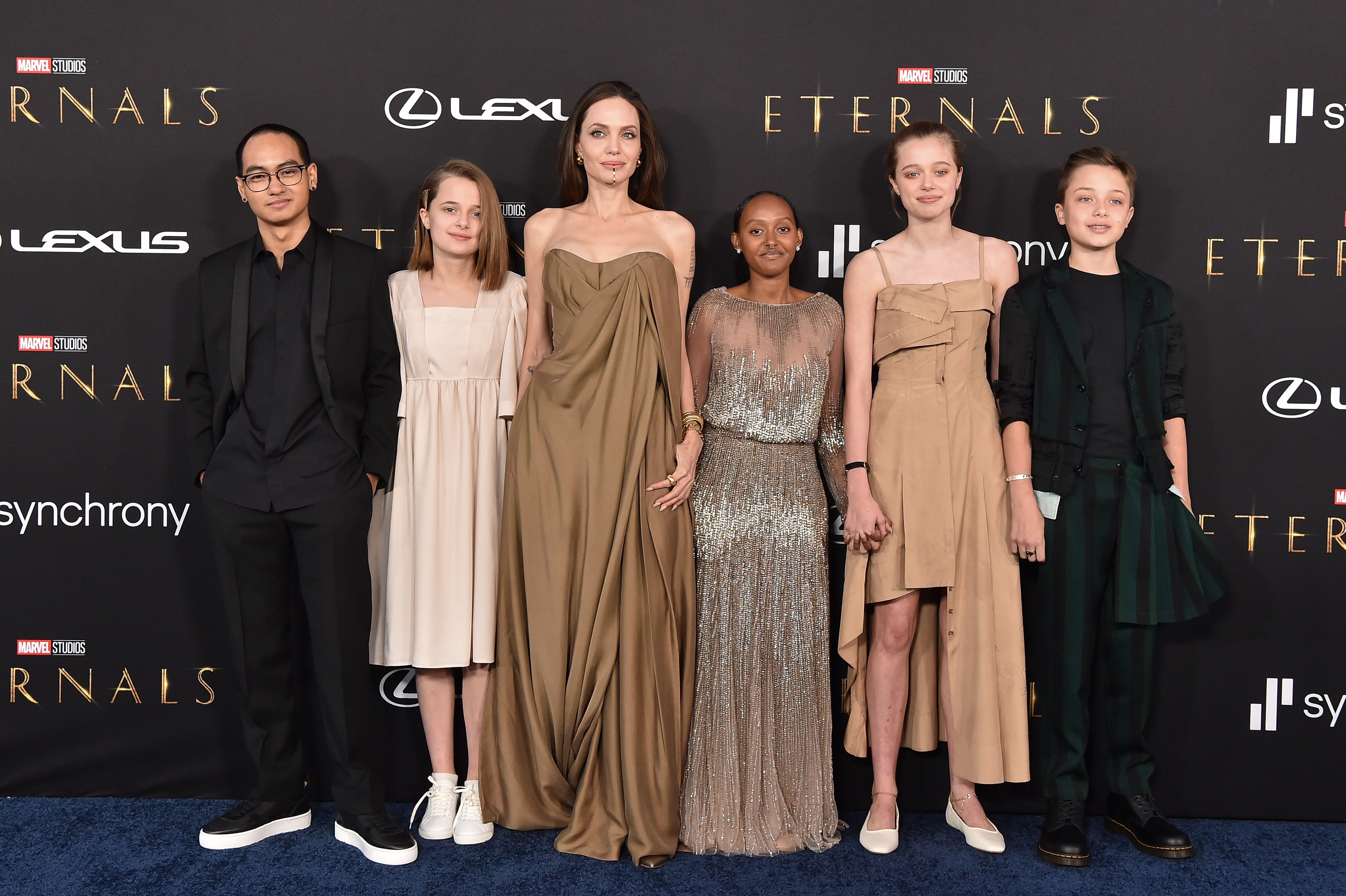 Maddox and Vivienne Jolie-Pitt, Angelina Jolie, Knox, Shiloh, and Zahara Jolie-Pitt at the Los Angeles premiere of "Eternals" on October 18, 2021, in California | Source: Getty Images