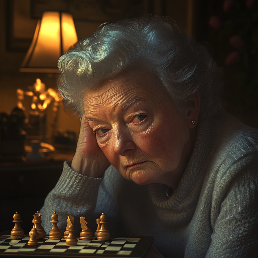 A distressed older lady playing chess | Source: Midjourney