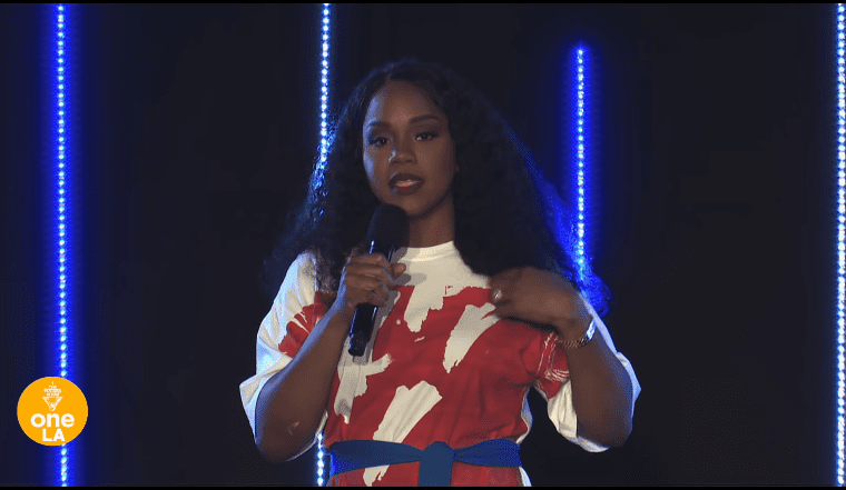 Sarah Jakes Roberts in the middle of a speech | Photo: YouTube/The Potter's House at OneLA x Denver