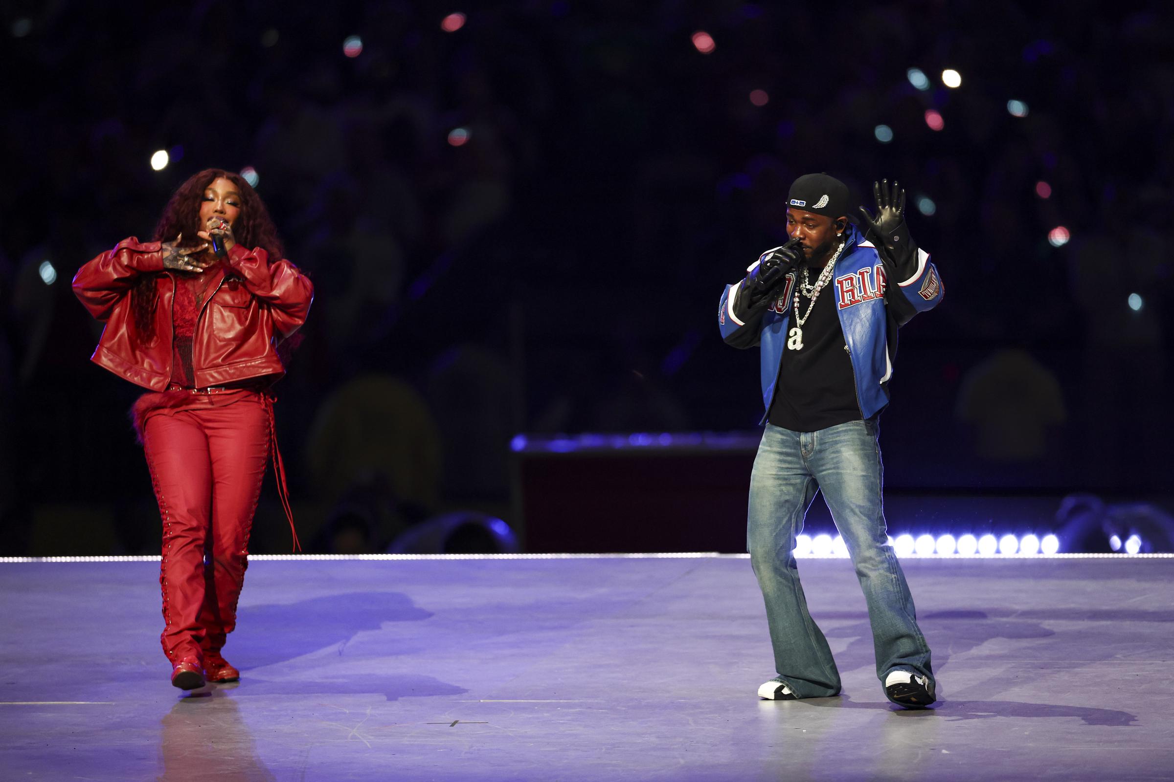 SZA and Kendrick Lamar performing during the Super Bowl Halftime Show in New Orleans, Louisiana on February 9, 2025. | Source: Getty Images