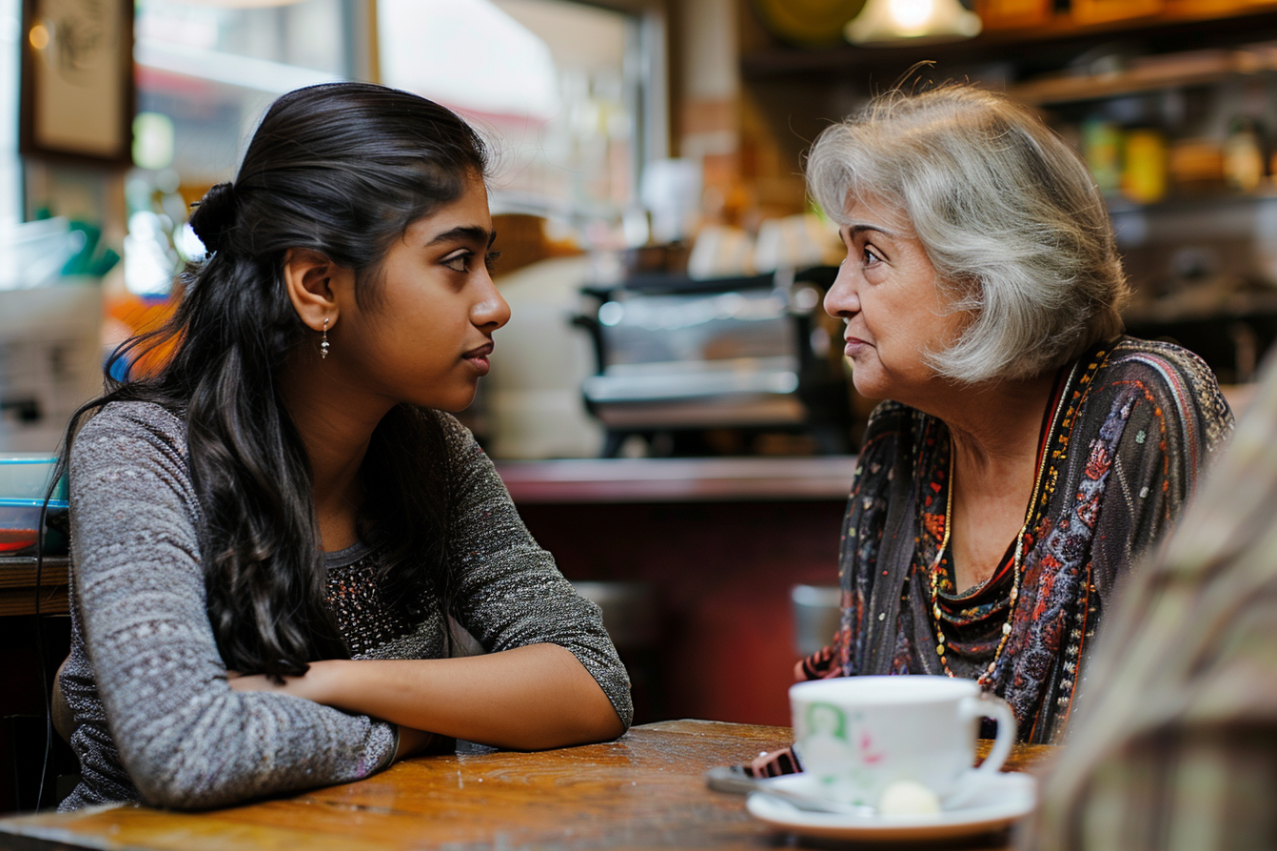 Two women meeting in a coffeeshop | Source: Midjourney