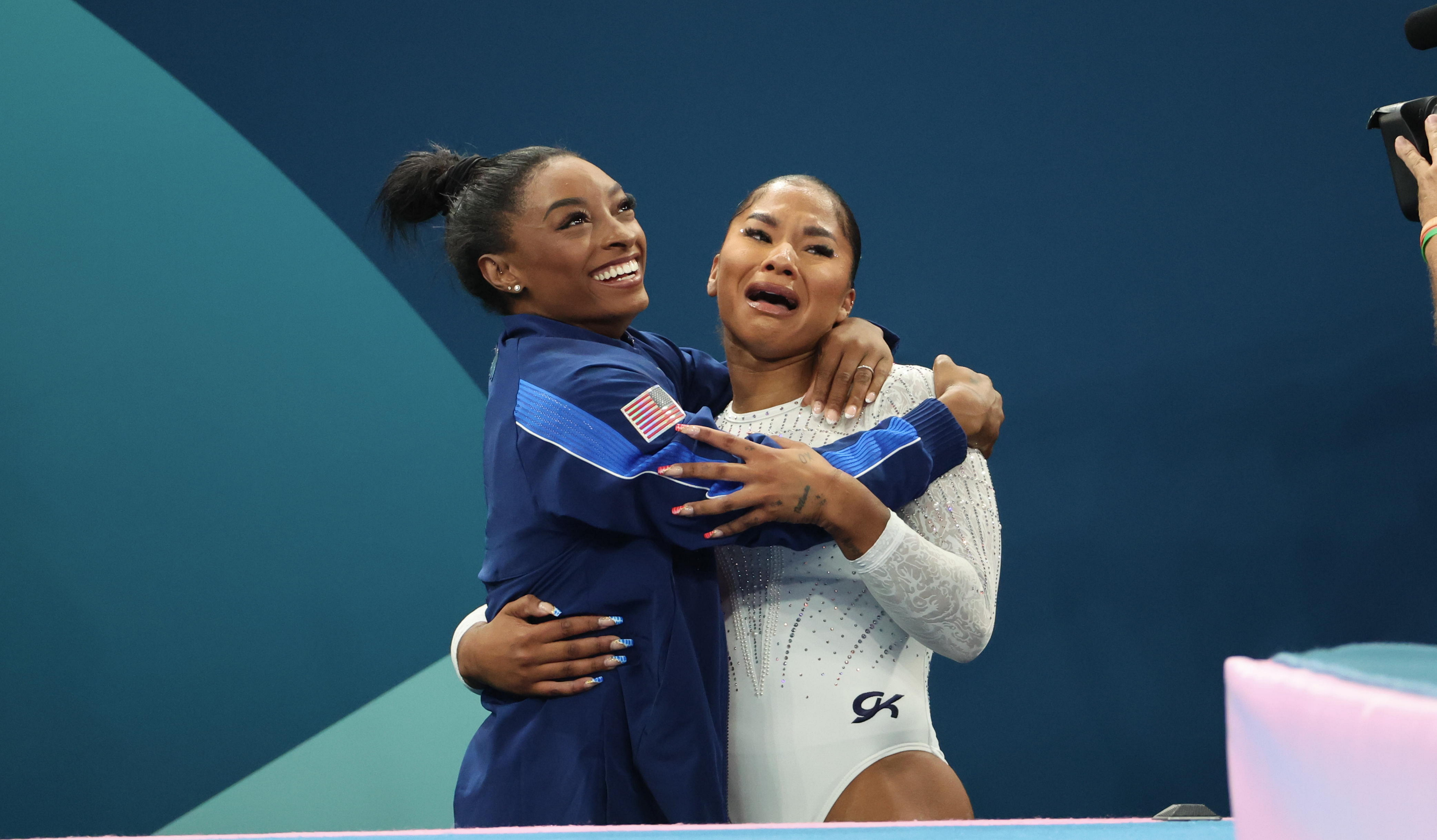 Jordan Chiles of USA and Simone Biles of USA celebrate during the Women's Artistic Gymnastics floor final on Day 10 of the Olympic Games Paris 2024 at Bercy Arena on August 5, 2024 in Paris, France | Source: Getty Images