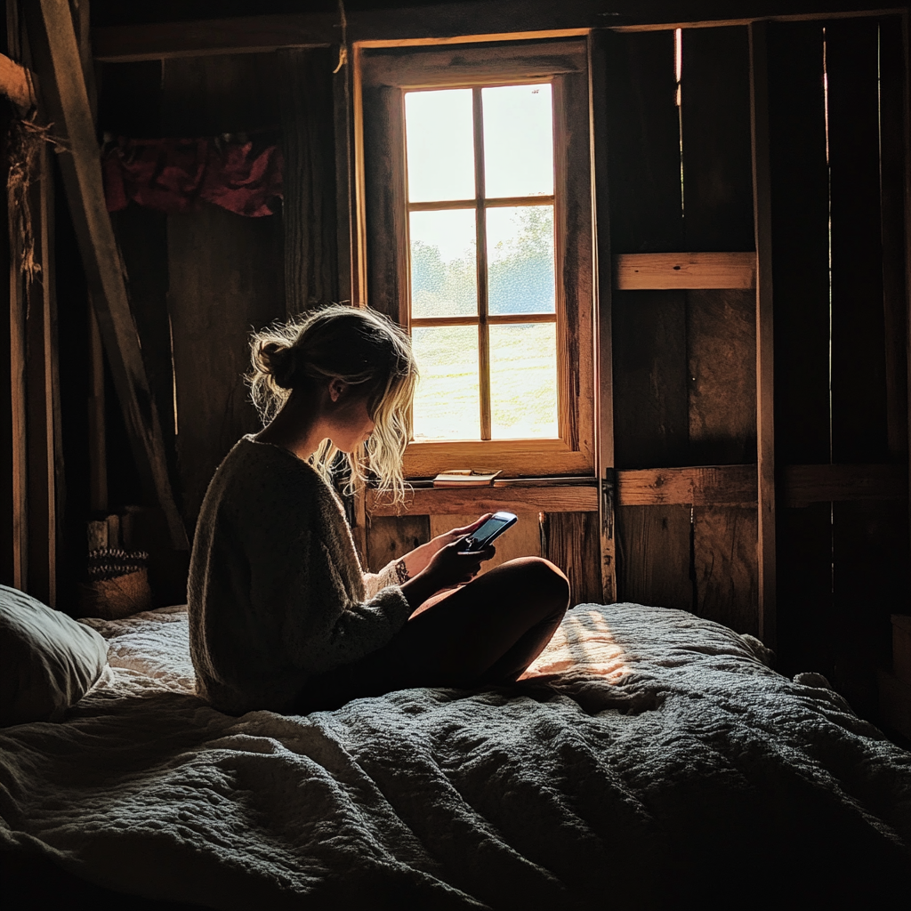 Woman seated on her bed texting | Source: Midjourney