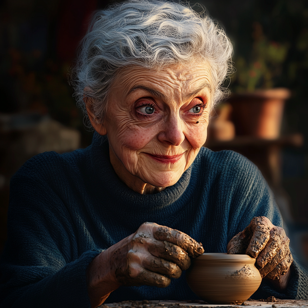 A smiling elderly woman making a clay pot | Source: Midjourney
