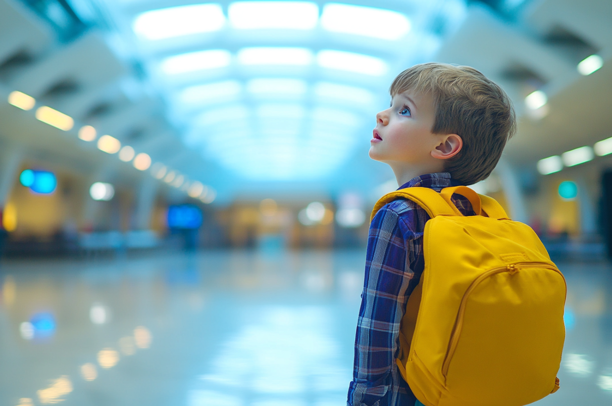 A sad boy in an airport | Source: Midjourney