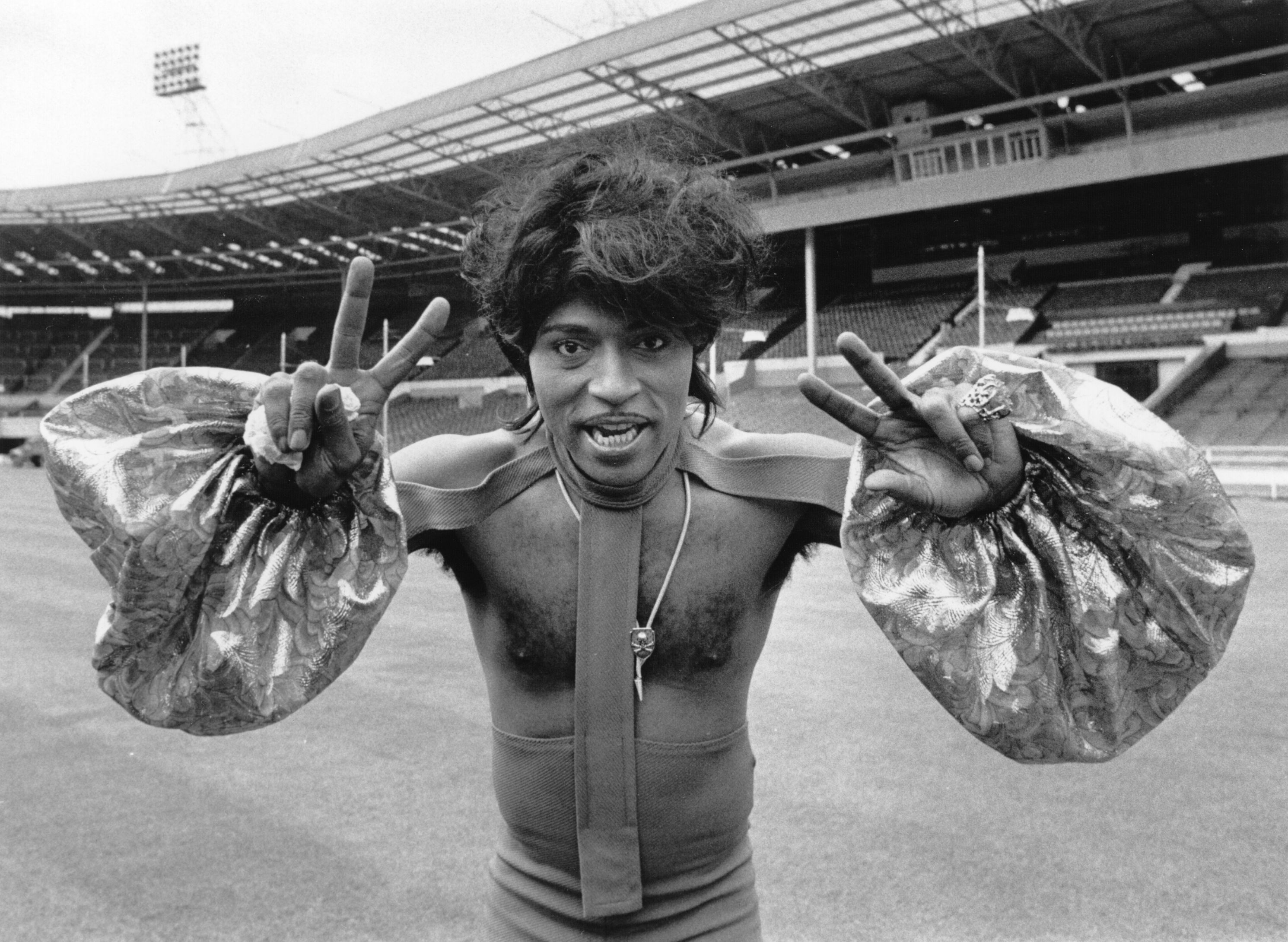 Little Richard in costume at an empty Wembley Stadium during rehearsals for a concert on August 3, 1972. | Source: Getty Images