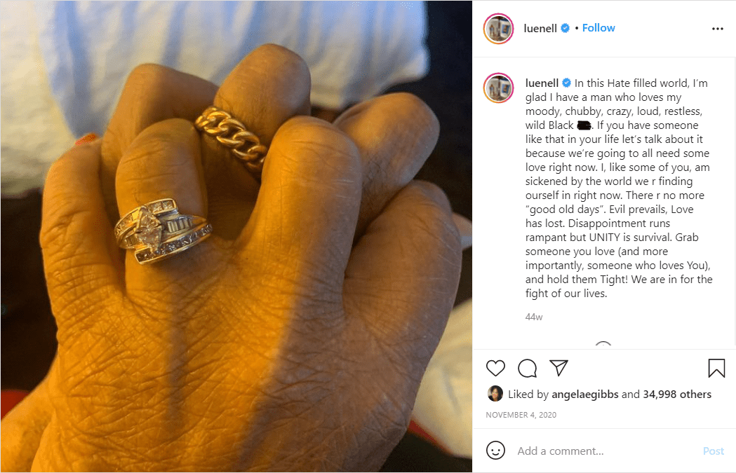 Luenell celebrates her 20th wedding anniversary holding her husband's hand in a picture. | Photo: Instagram/Luenell