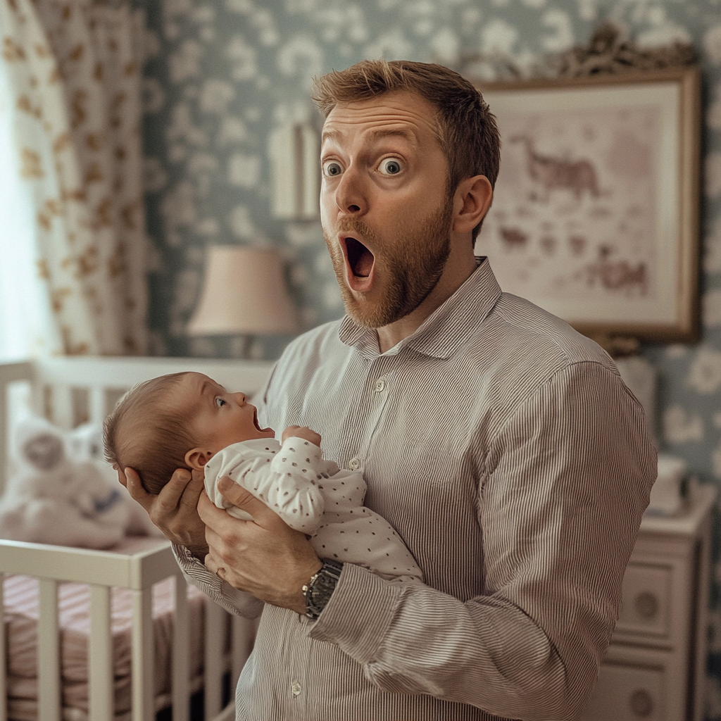 A shocked man carrying a baby | Source: Midjourney