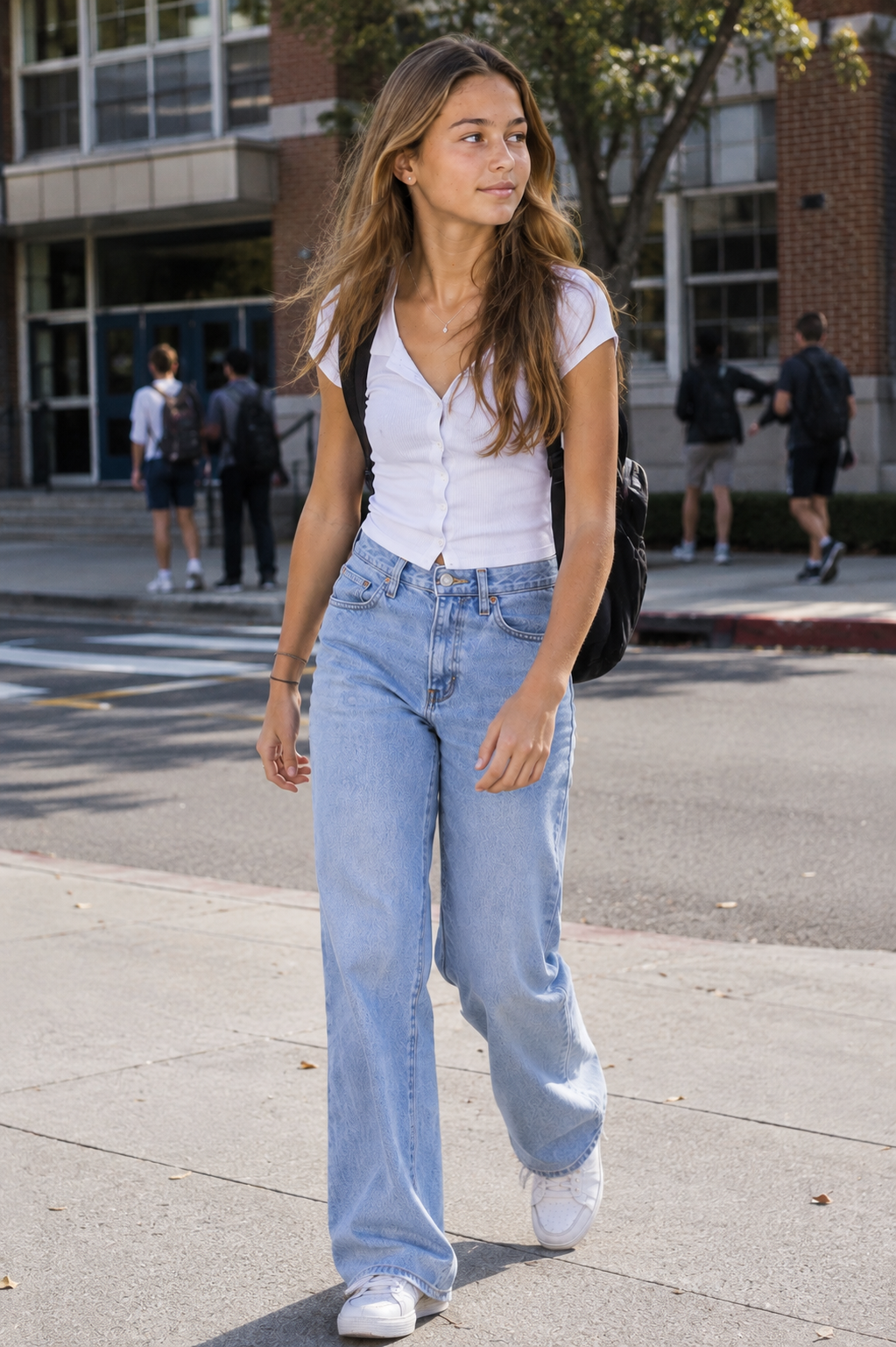 An AI-generated portrait portrays Fabio and Pamela Anderson’s imagined daughter walking near a school in a white top and loose jeans, styled like a late 2000s campus photo. | Source: ChatGPT