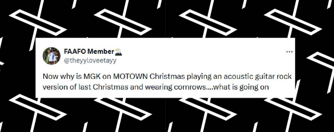 A fan comments on Machine Gun Kelly's performance of "Last Christmas" on NBC's "A Motown Christmas," from a post dated December 12, 2024 | Source: X/theyyloveetayy