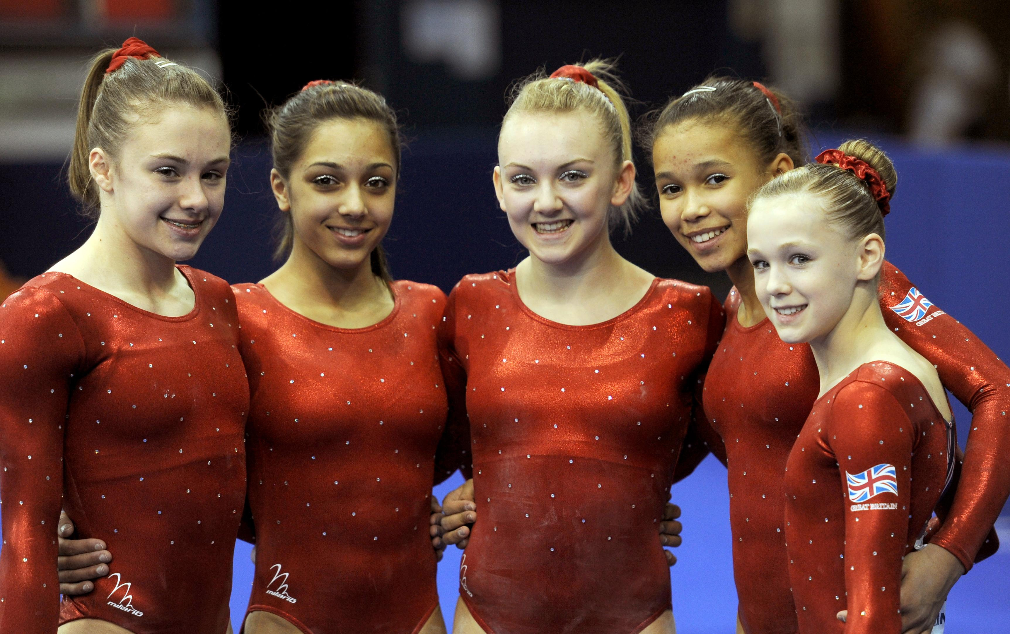 Great Britain's Junior team pose for a photograph: Ruby Harrold, Laura Mitchell, Jessica Hogg, Leilah Mackenzie, and Rebecca Tunney during the Women's Junior Qualification of the European Artistic Championships in Birmingham on April 28, 2010 | Source: Getty Images