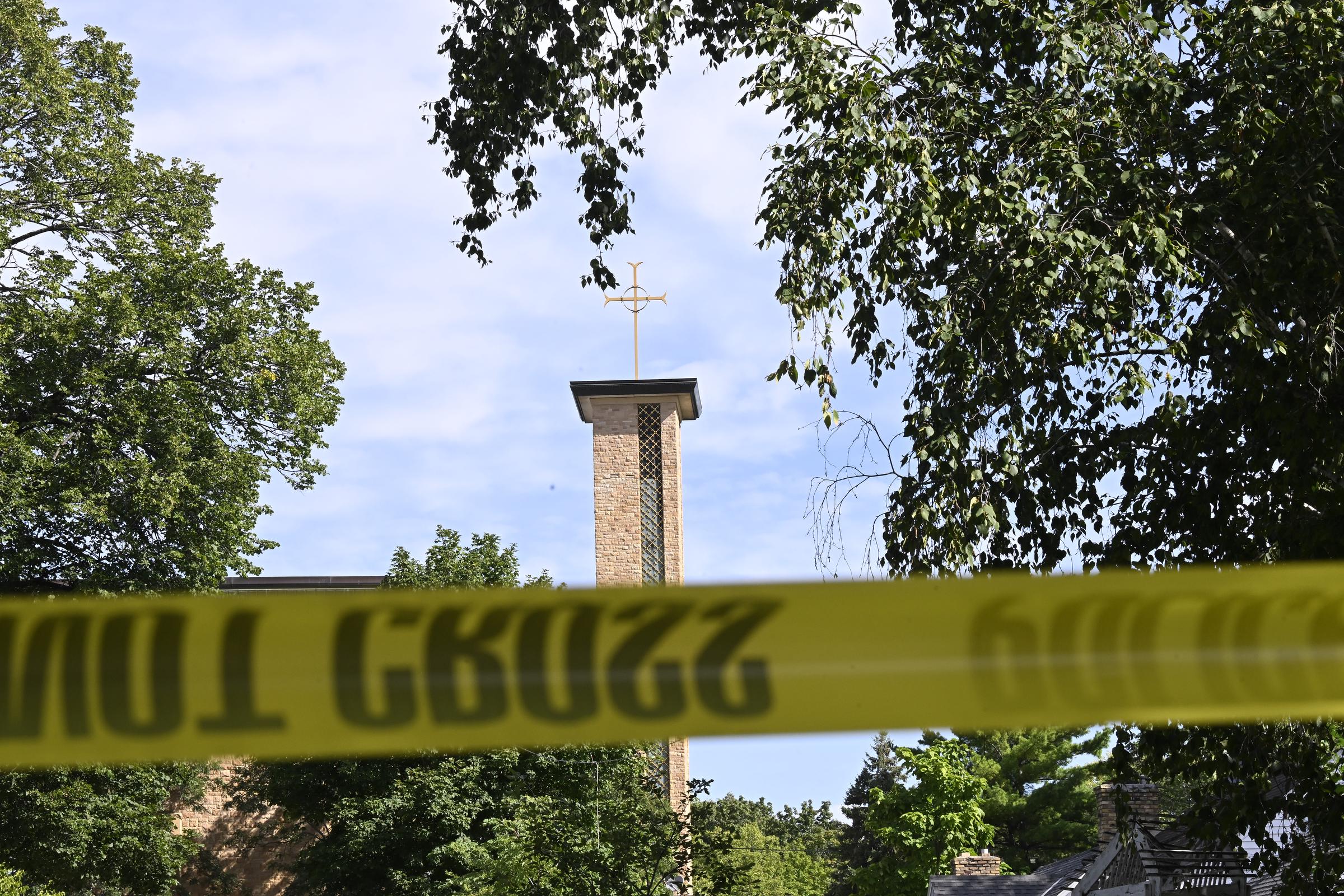 The Annunciation Catholic Church behind police tape following the mass shooting on August 27, 2025, in Minneapolis, Minnesota. | Source: Getty Images