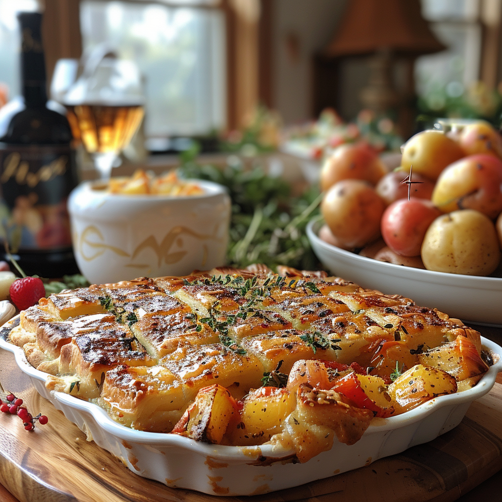 Pie and roasted vegetables on the dinner table | Source: Midjourney