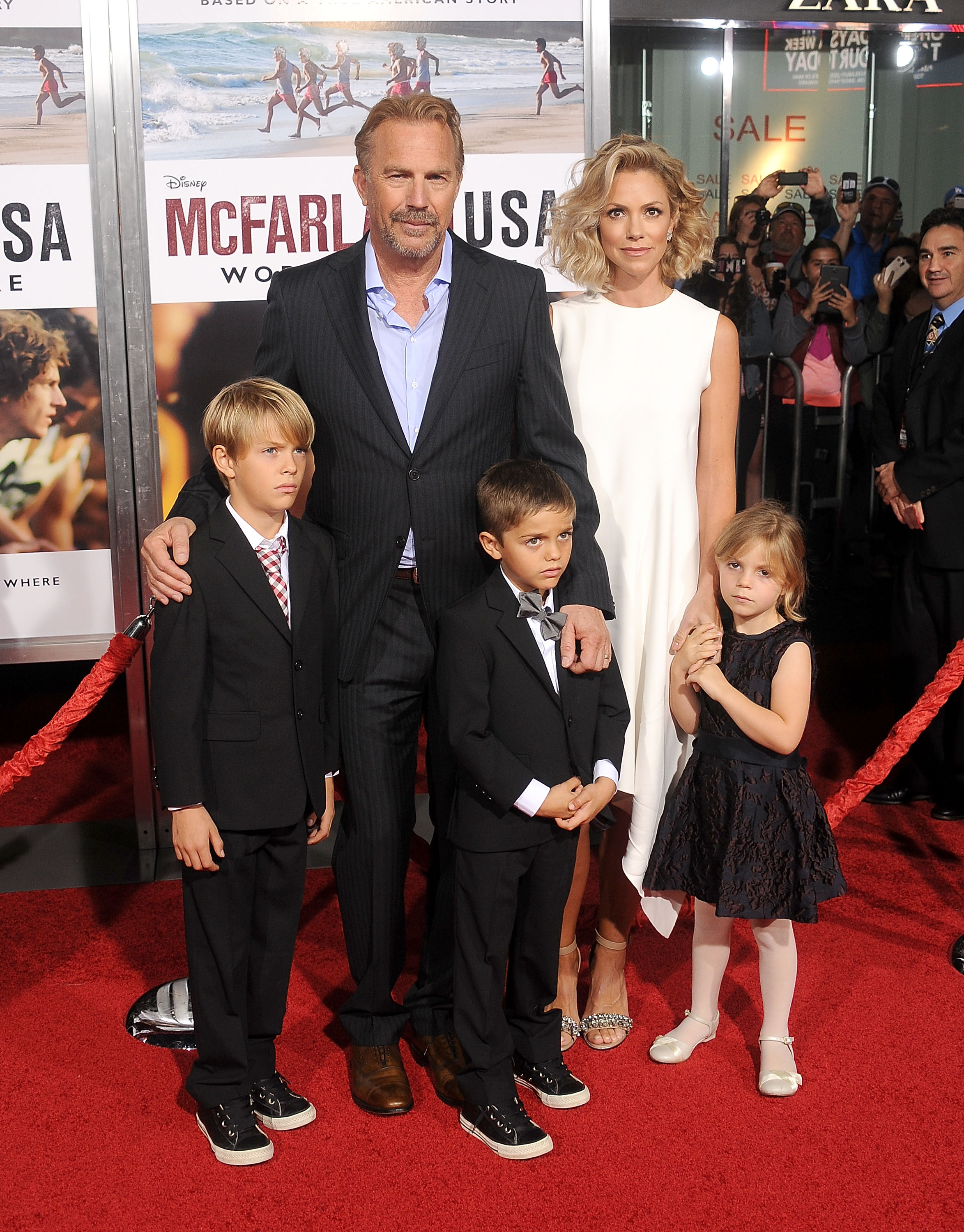 Kevin Costner, Christine Baumgartner and their children, Grace Avery Costner, Hayes Logan Costner and Cayden Wyatt Costner, at the premiere of Disney's "McFarland, USA" at the El Capitan Theatre, on February 9, 2015, in Hollywood, California. | Source: Getty Images