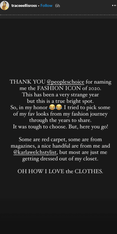 Tracee Ellis Ross's message after winning the 2020 People's Choice Fashion Icon Award. | Photo: instagram.com/traceeellisross