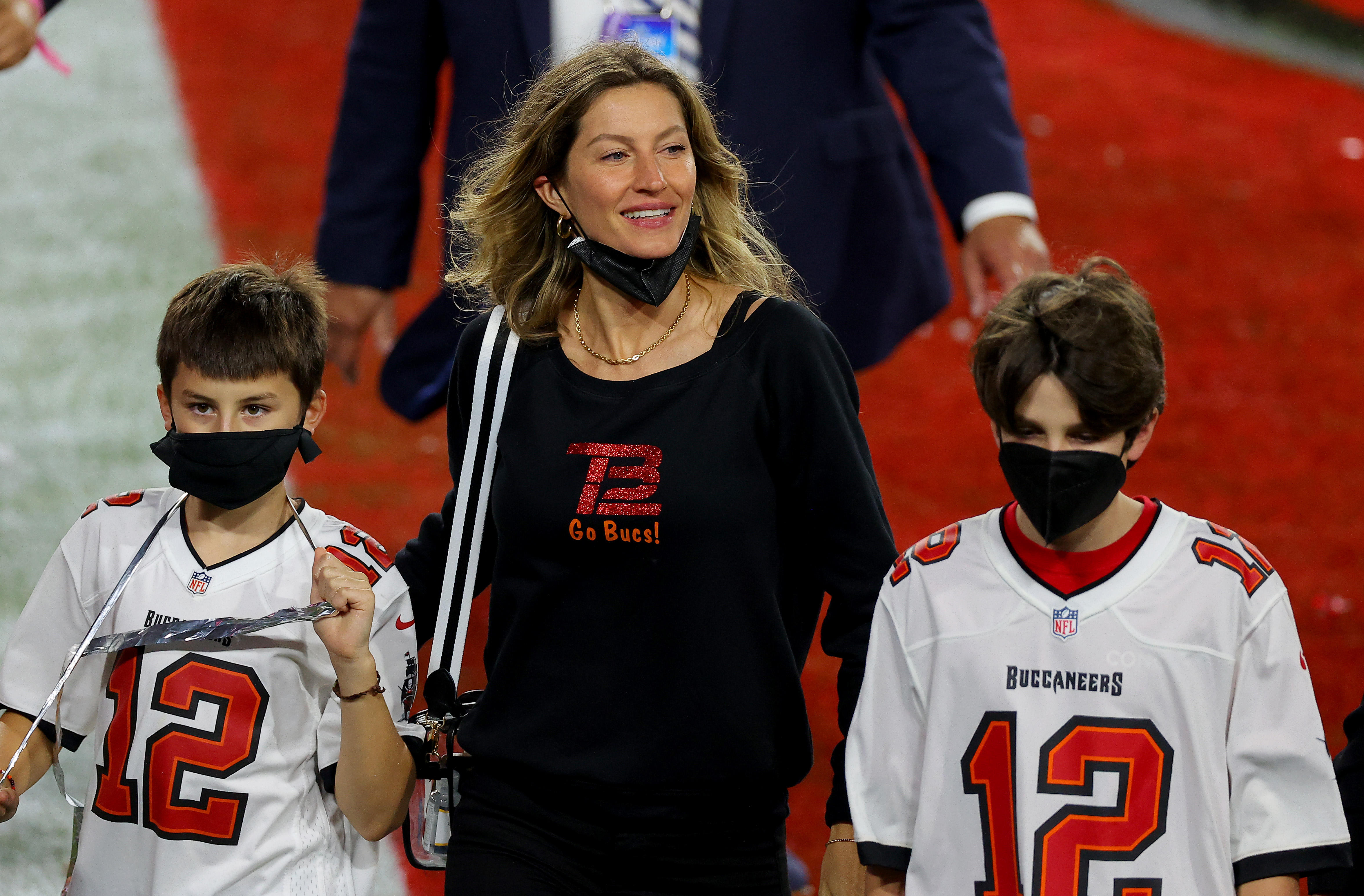 Gisele Bündchen, Benjamin, and Jack at the Super Bowl LV in Tampa, Florida on February 07, 2021 | Source: Getty Images