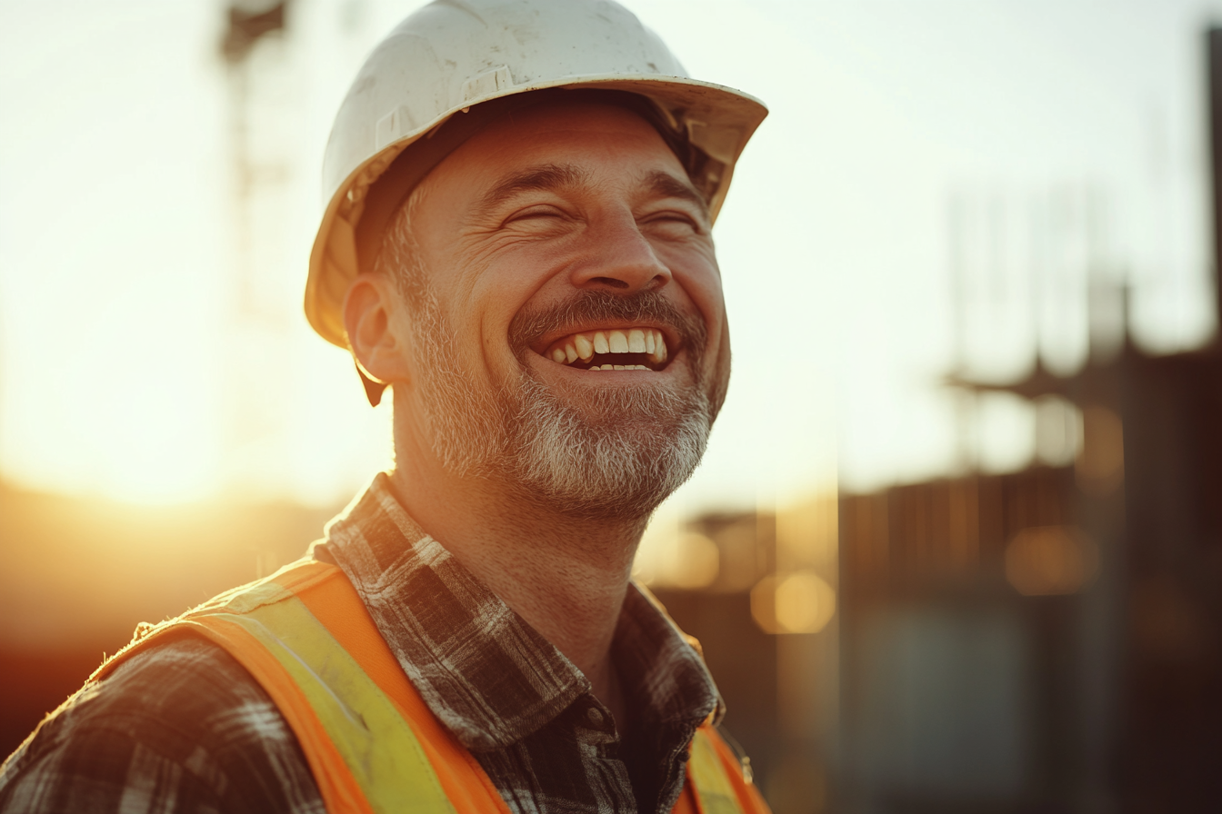 A laughing construction worker | Source: Midjourney