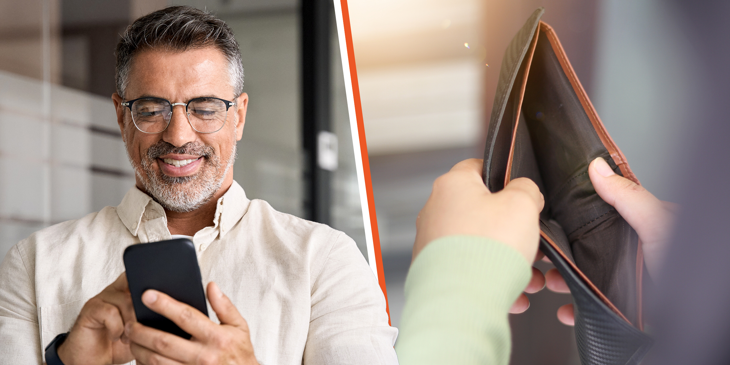 A man looking at his phone and an empty wallet | Source: Shutterstock