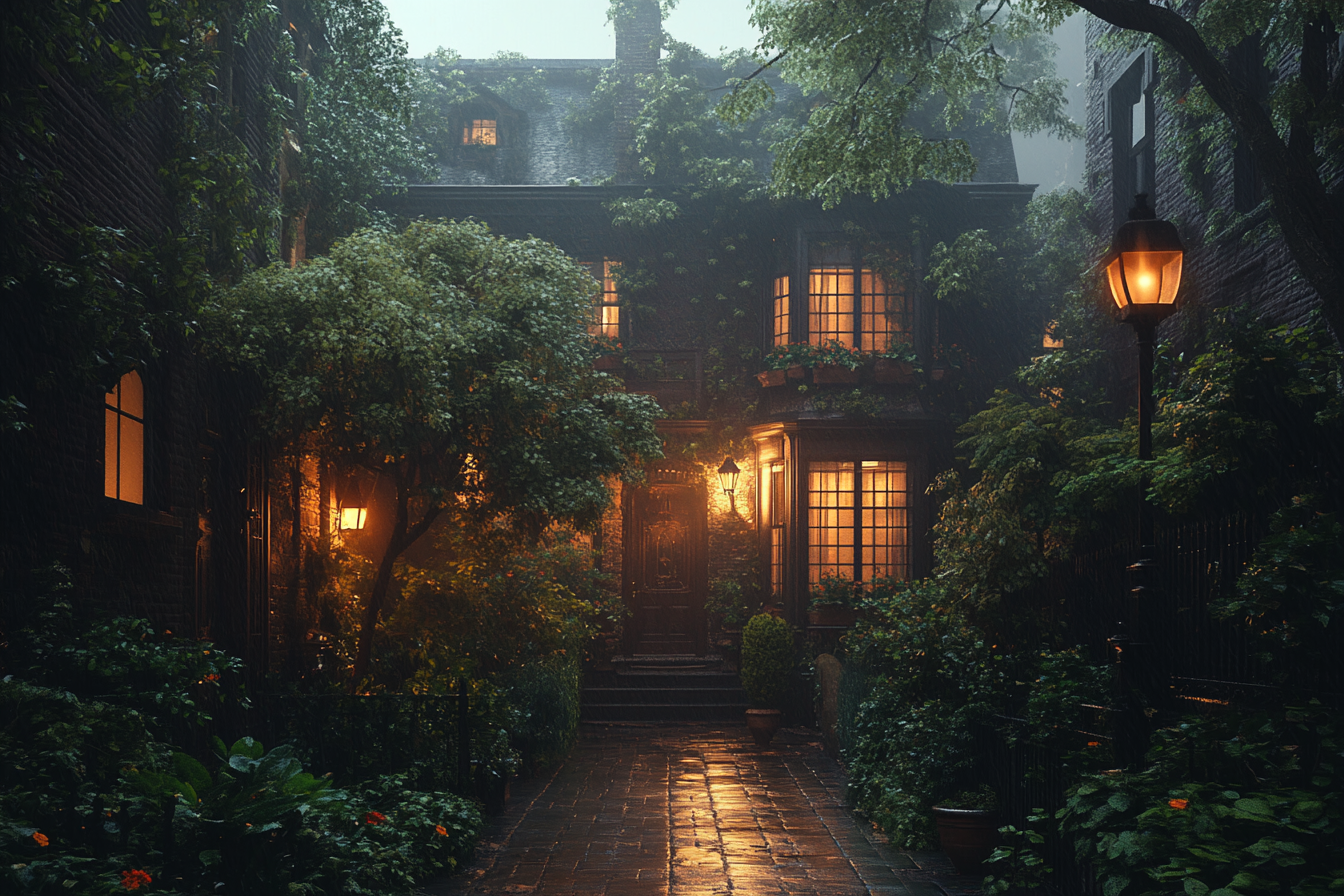 Front view of an apartment building on a misty evening | Source: Midjourney