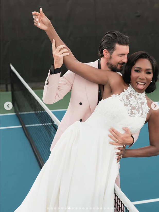 Venus Williams and Andrea Preti pose playfully on a tennis court during their wedding festivities, as posted on December 23, 2025 | Source: Instagram.com/venuswilliams