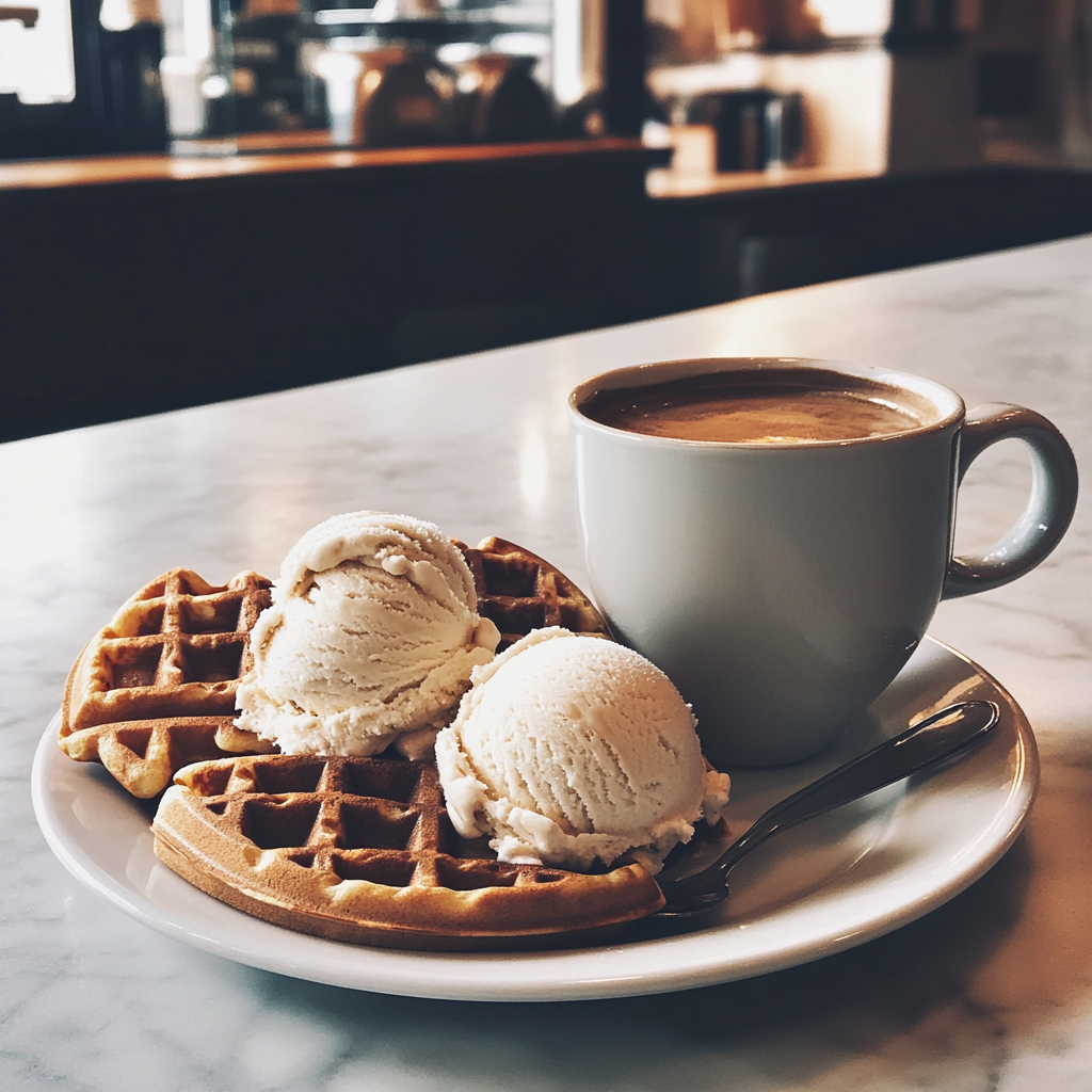 Waffles and ice cream at a coffee shop | Source: Midjourney