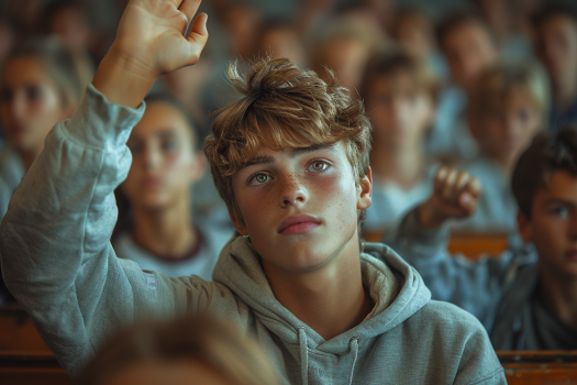 A boy raising his hand in class | Source: Midjourney