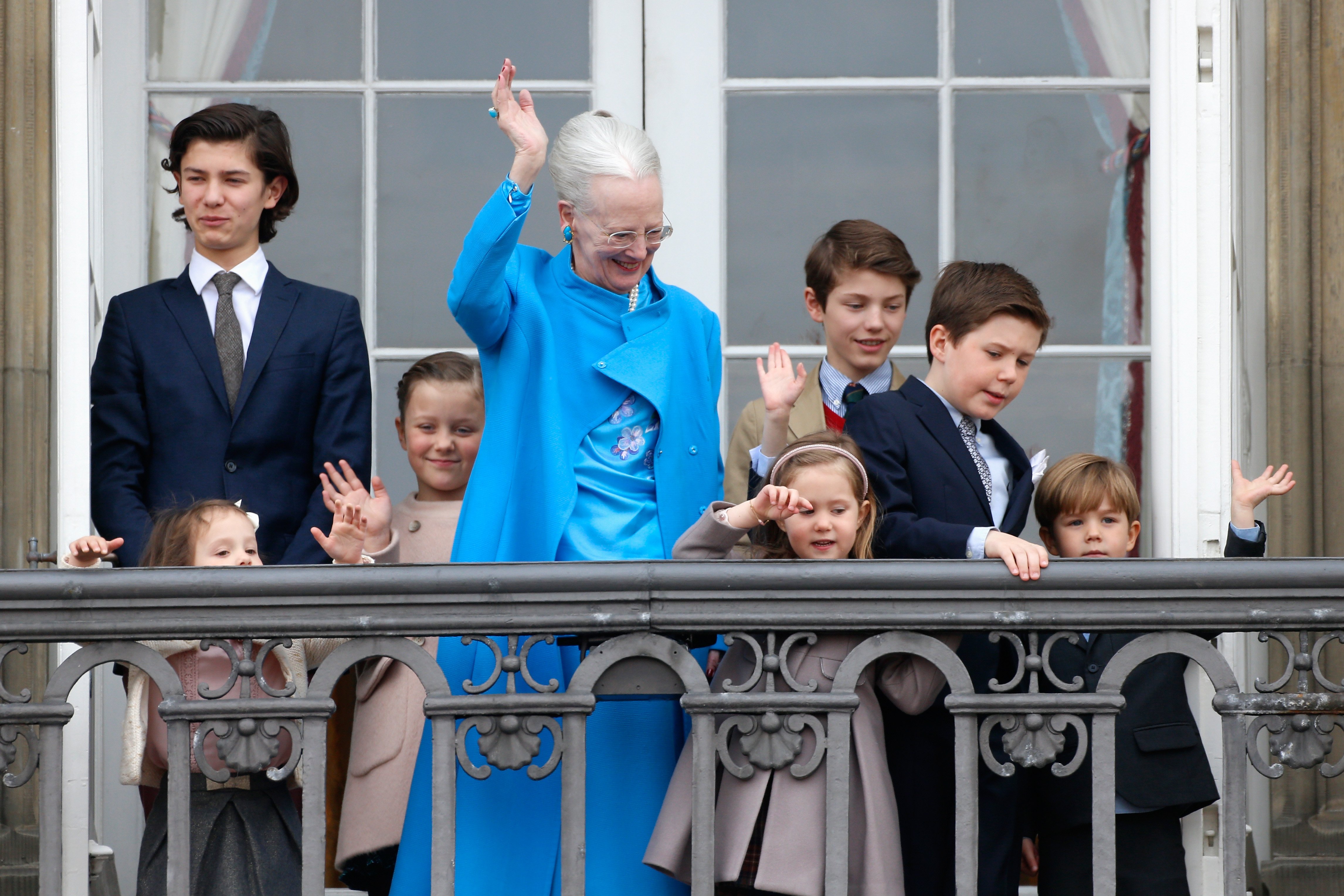 Queen Margrethe II of Denmark and her grandchildren Princess Josephine of Denmark, Princess Isabella of Denmark, Prince Vincent of Denmark, Prince Christian of Denmark, Prince Nikolai of Denmark, Prince Felix of Denmark, Princess Athena of Denmark, and Prince Henrik of Denmark attend the celebrations of her Majesty's 76th birthday at Amalienborg Royal Palace on April 16, 2016, in Copenhagen, Denmark. | Source: Getty Images