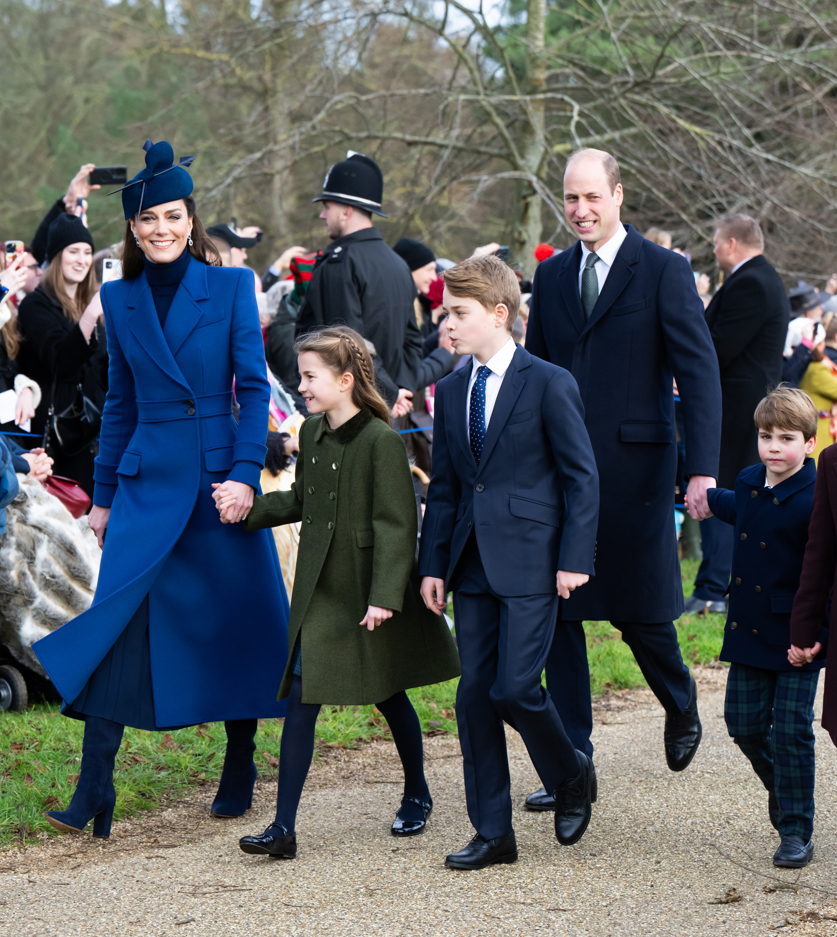 Princess Catherine and Prince William with their children Prince George, Princess Charlotte, and Prince Louis at the Christmas Morning Service at Sandringham Church on December 25, 2023 in Sandringham, Norfolk | Source: Getty Images