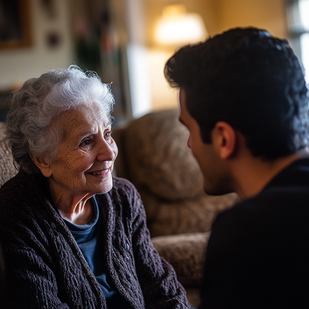 An elderly woman talking to her son | Source: Midjourney