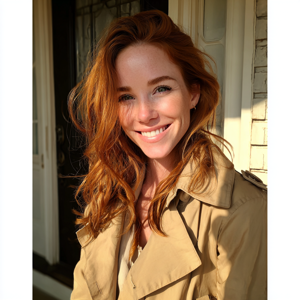 A smiling woman in a beige trench coat | Source: Midjourney