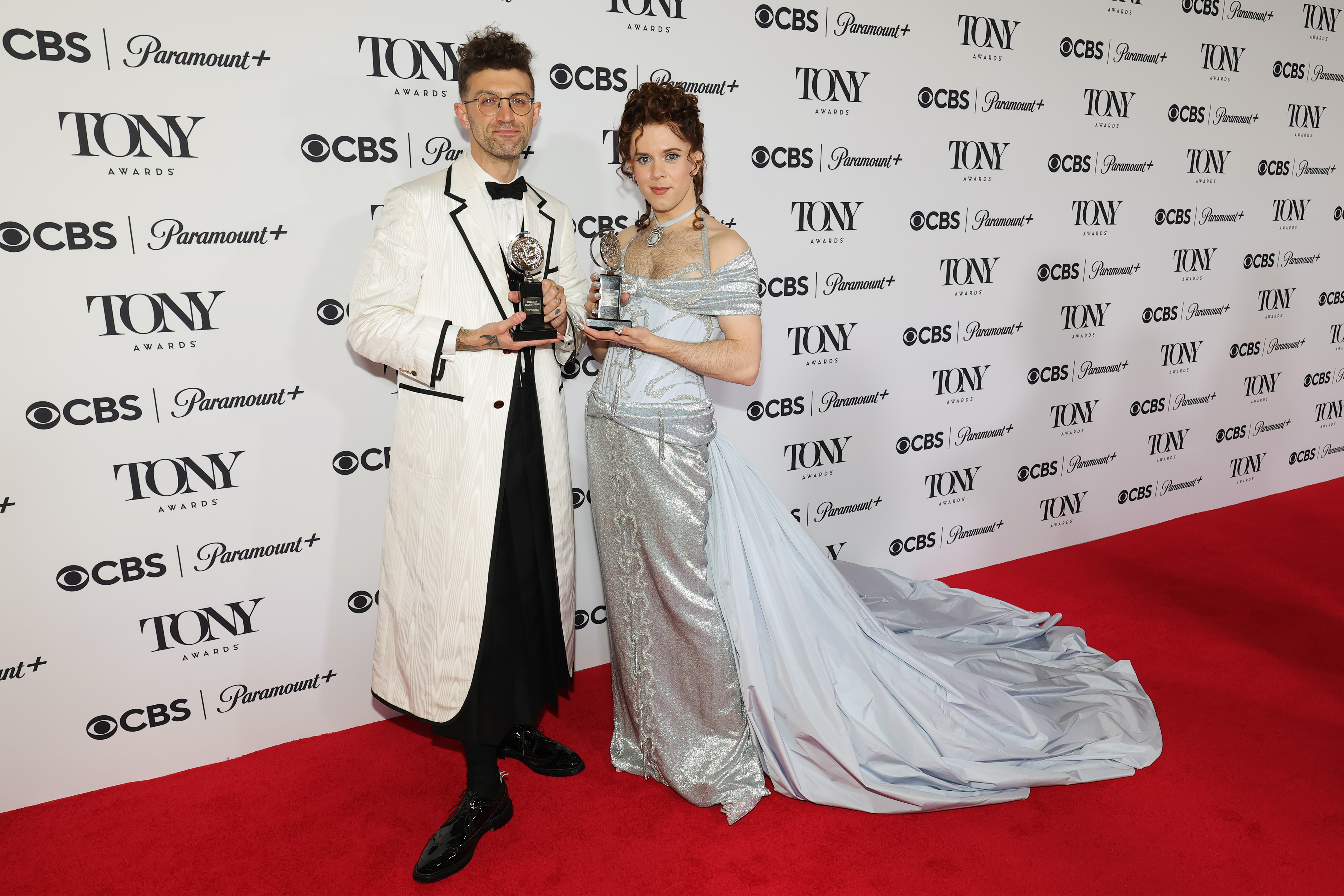 Cole Escola and Sam Pinkleton in a full length picture posing with their awards for the show "Oh, Mary!" at the 78th Tony Awards held at Radio City Music Hall in New York City on June 8, 2025.