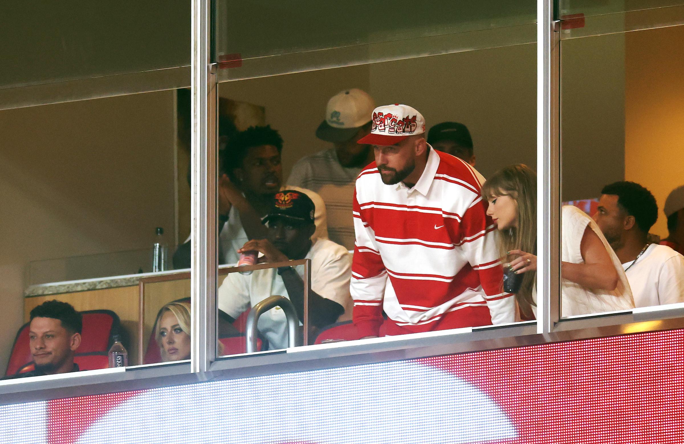 Patrick Mahomes, Brittany Mahomes, Travis Kelce, and Taylor Swift during the first half of a football game at Arrowhead Stadium on August 28, 2025, in Kansas City, Missouri | Source: Getty Images