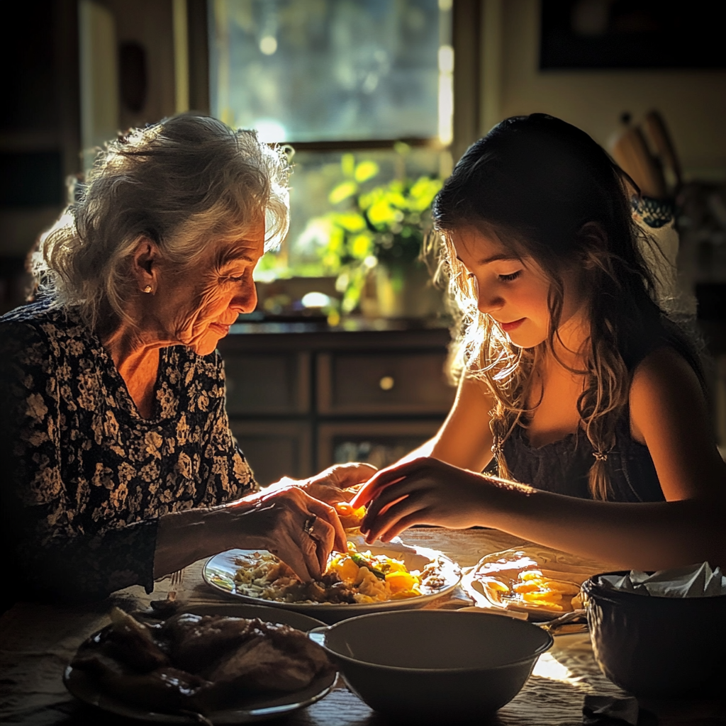 Senior woman having dinner with her grandchild | Source: Midjourney