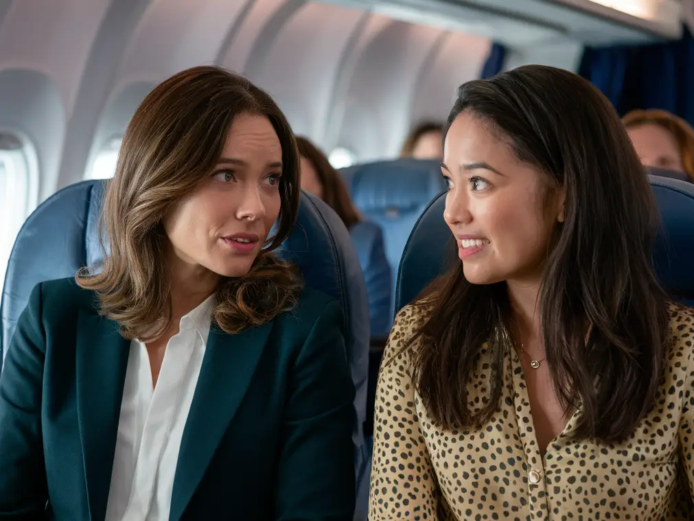 Two women side-by-side on an airplane, having a conversation | Source: Midjourney