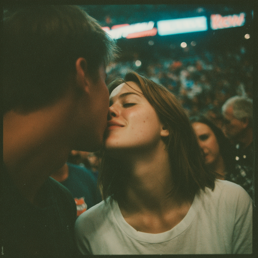 A couple kissing on Kiss Cam footage | Source: Midjourney