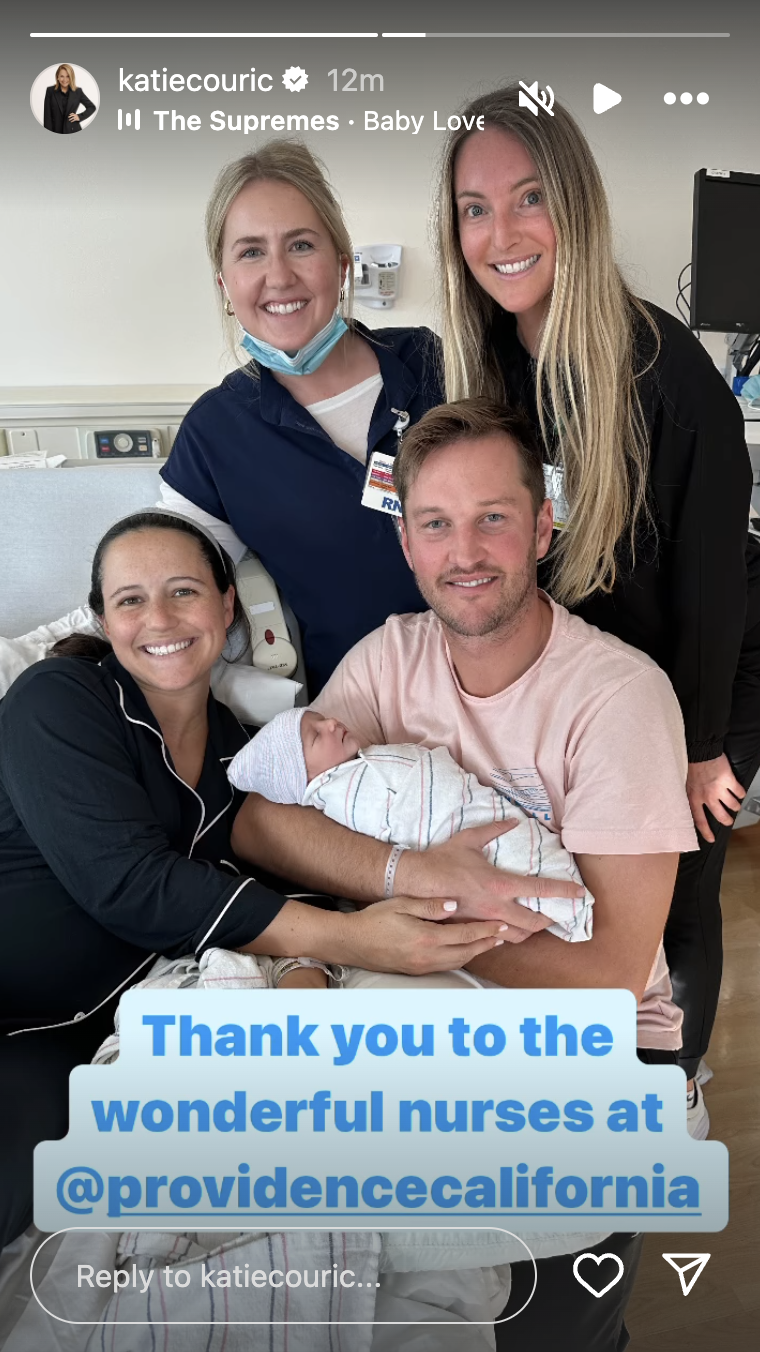 Ellie Monahan, Mark Dobrosky, and their son Albert, with nurses, dated March 2024 | Source: Instagram/KatieCouric