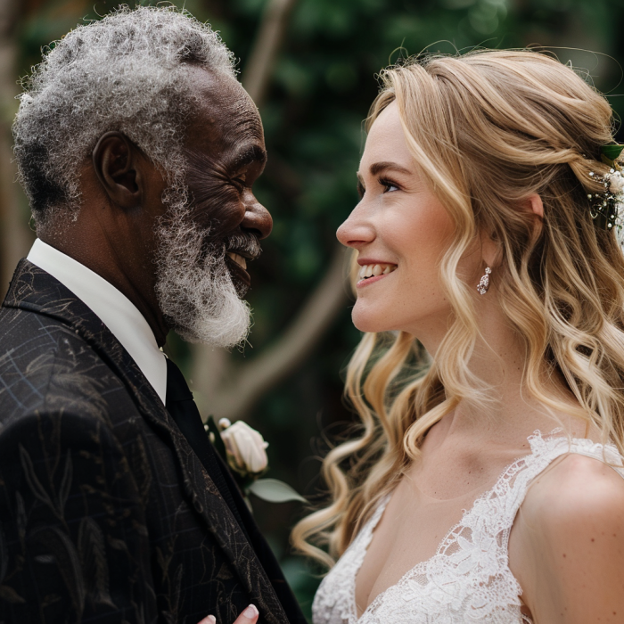 A bride talking to her stepdad on her wedding day | Source: Midjourney