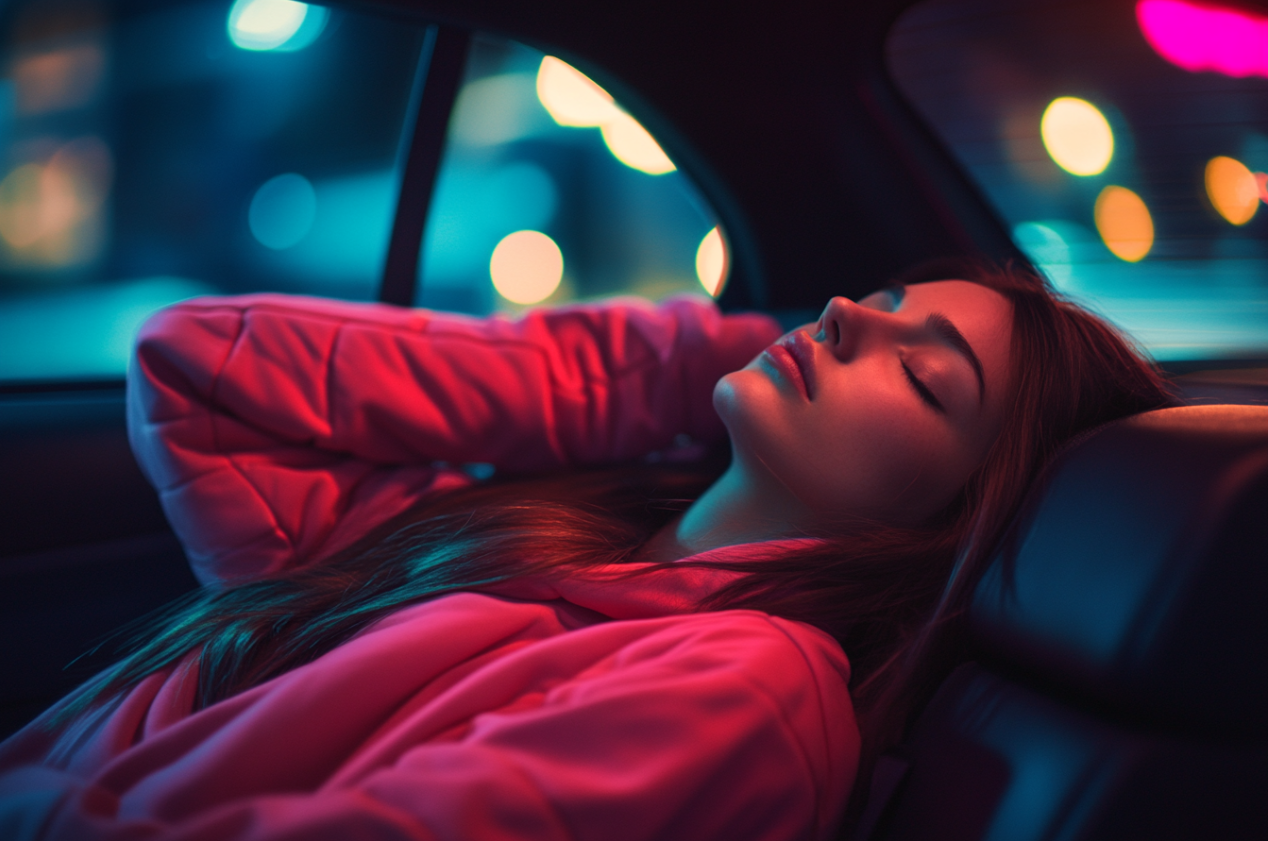 A woman resting in the back seat of a car | Source: Midjourney