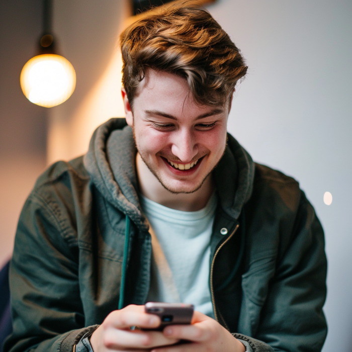 A happy man texting on his phone | Source: Midjourney