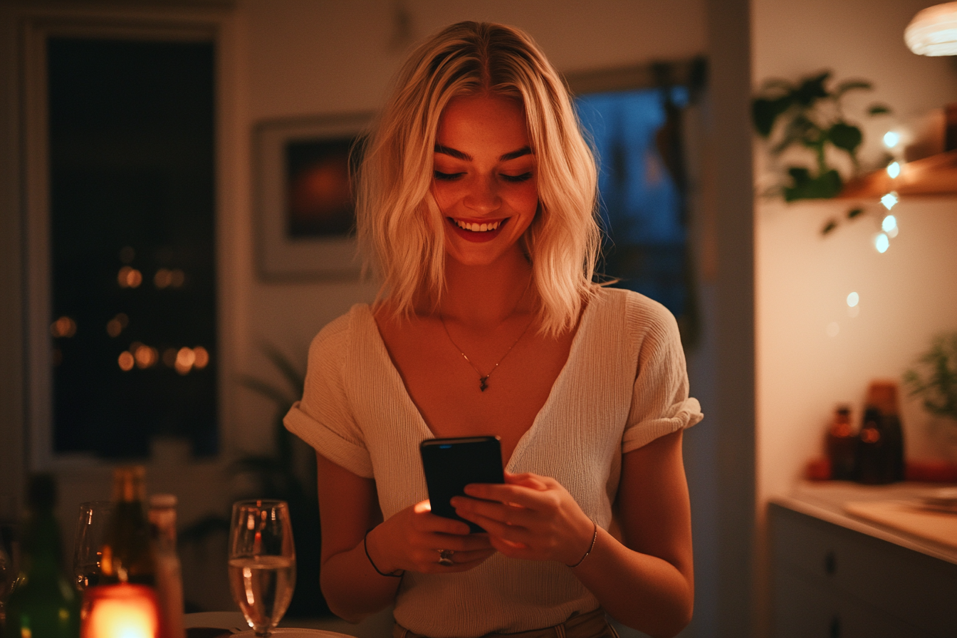 A woman holding her phone | Source: Midjourney