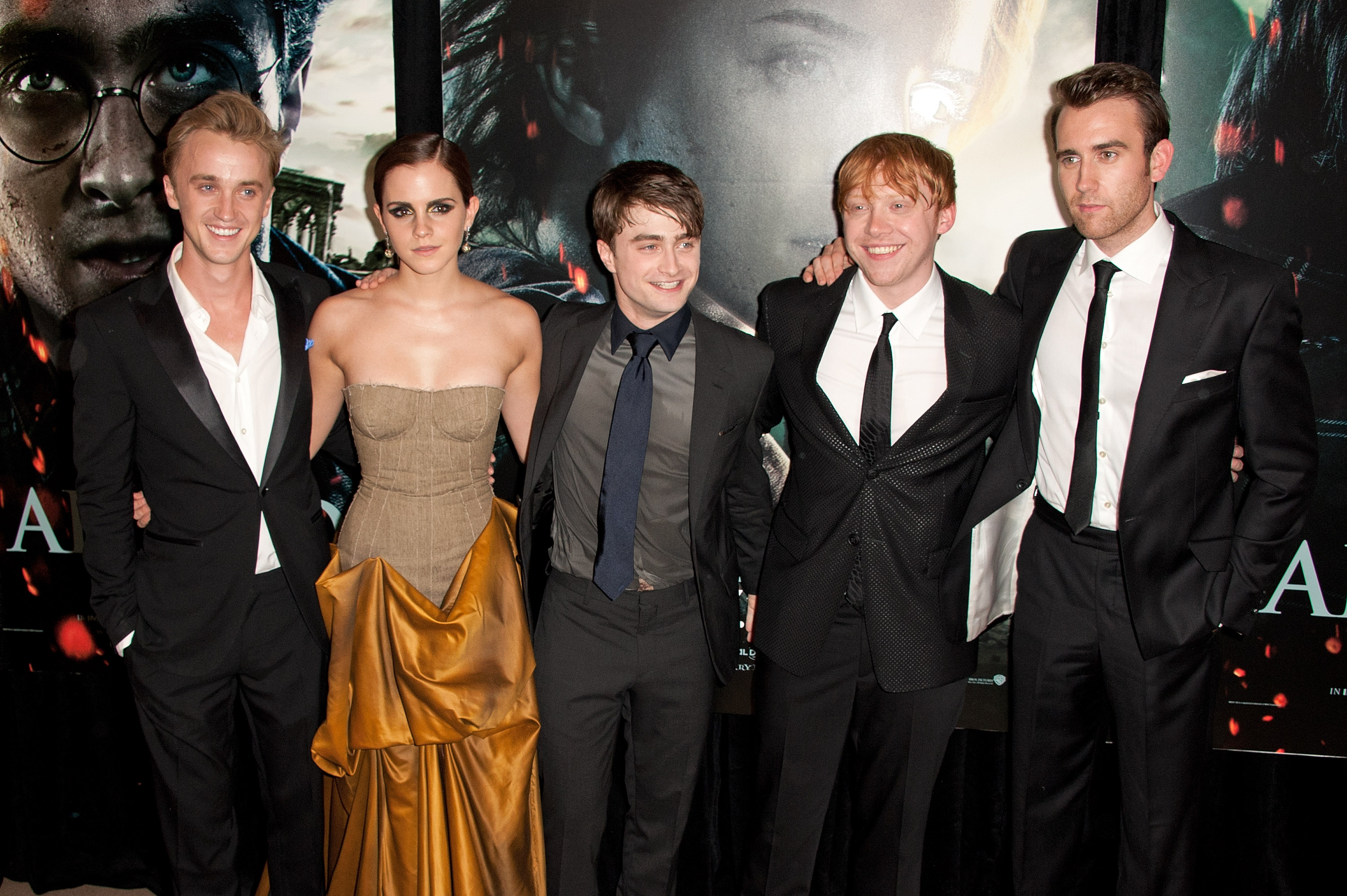 Tom Felton, Emma Watson, Daniel Radcliffe, Rupert Grint, and Matthew Lewis at the premiere of "Harry Potter and the Deathly Hallows: Part 2" on July 11, 2011, in New York City. | Source: Getty Images
