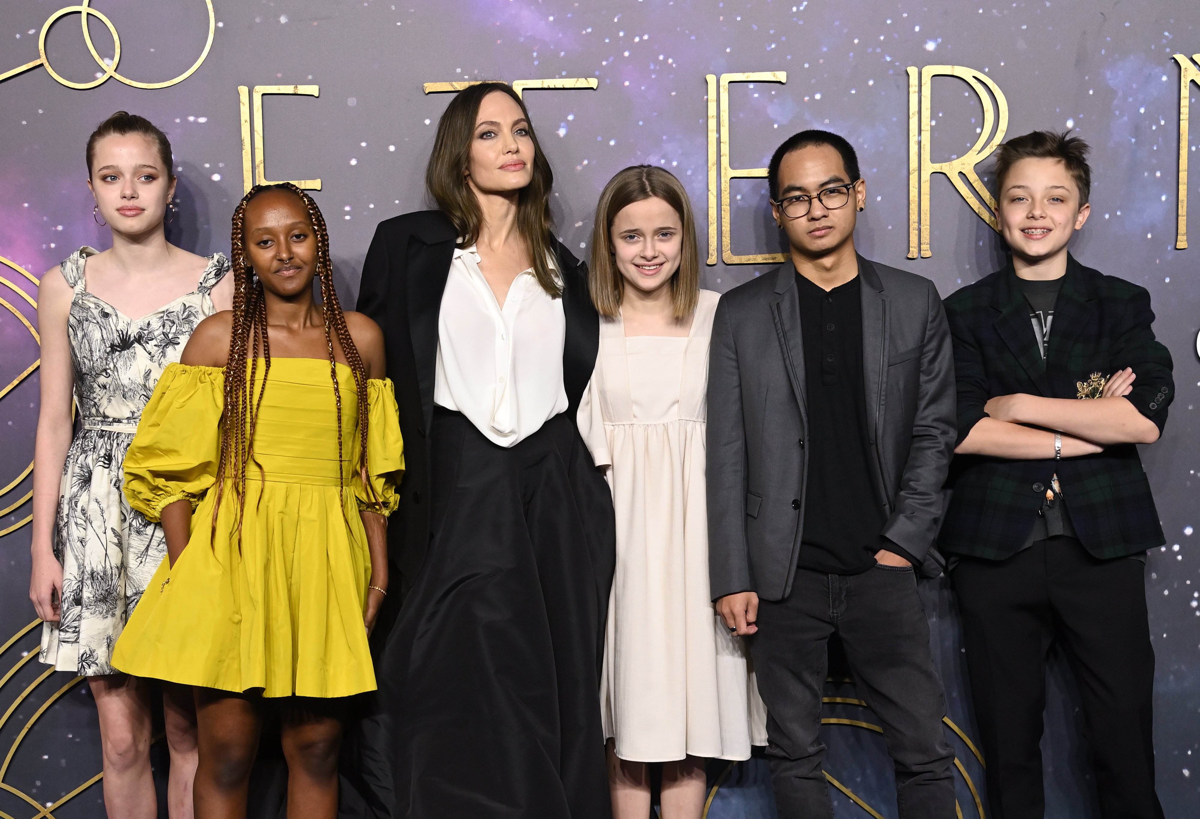 Shiloh Jolie-Pitt, Zahara Jolie-Pitt, Angelina Jolie, Vivienne Jolie-Pitt, Maddox Jolie-Pitt and Knox Jolie-Pitt attend the "The Eternals" UK Premiere at BFI IMAX Waterloo on October 27, 2021 in London, England | Source: Getty Images