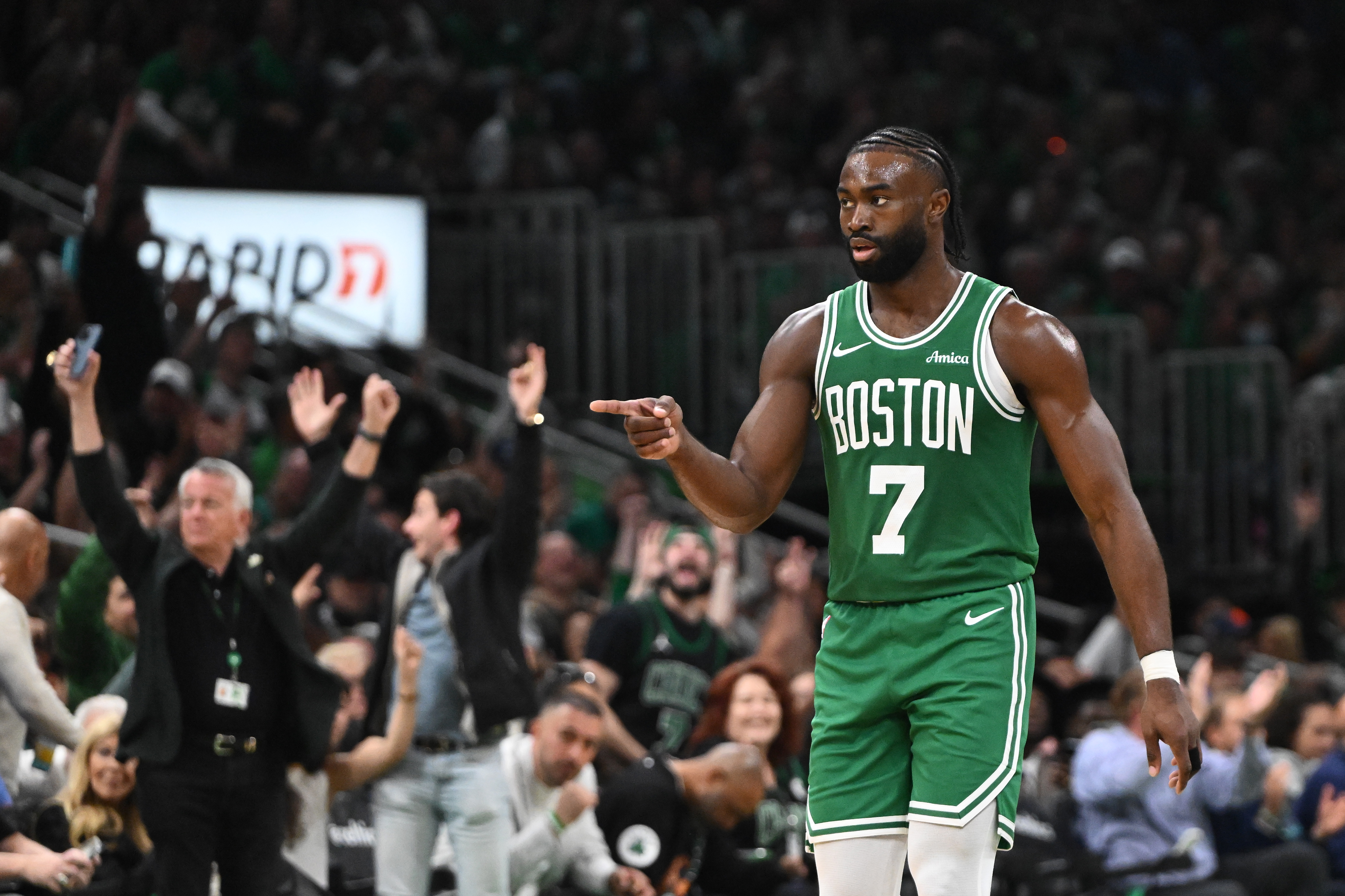 Jaylen Brown reacts during the fourth quarter against the New York Knicks at TD Garden in Boston on October 22, 2024. | Source: Getty Images
