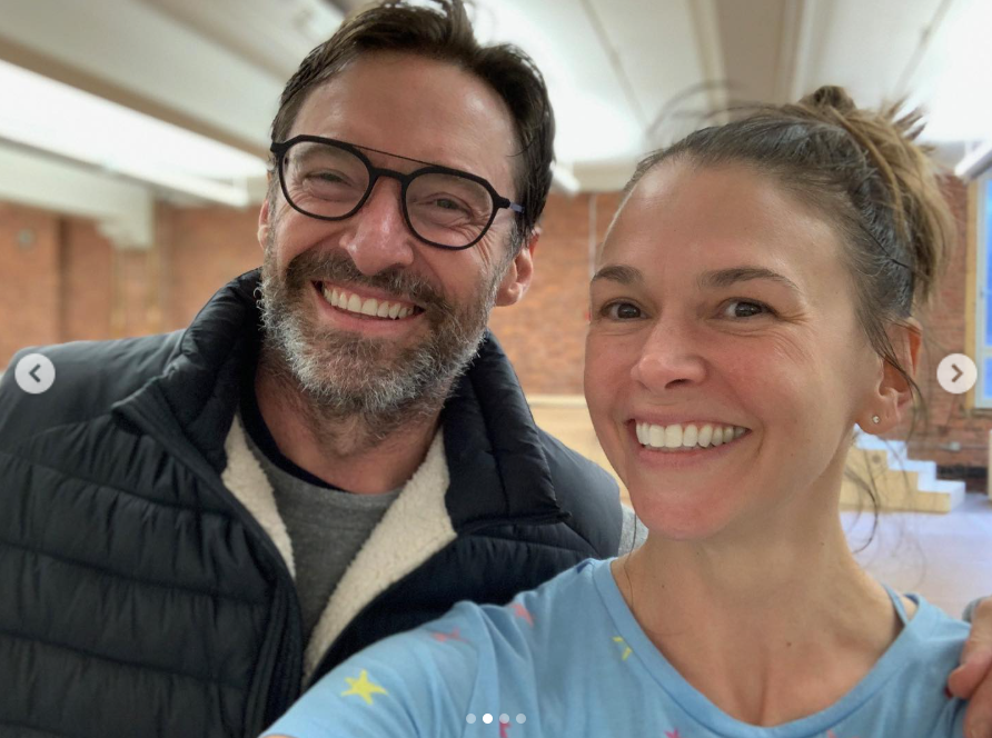 Hugh Jackman and Sutton Foster smile together in a casual selfie, both dressed comfortably in a relaxed indoor setting. | Source: Instagram/thehughjackman