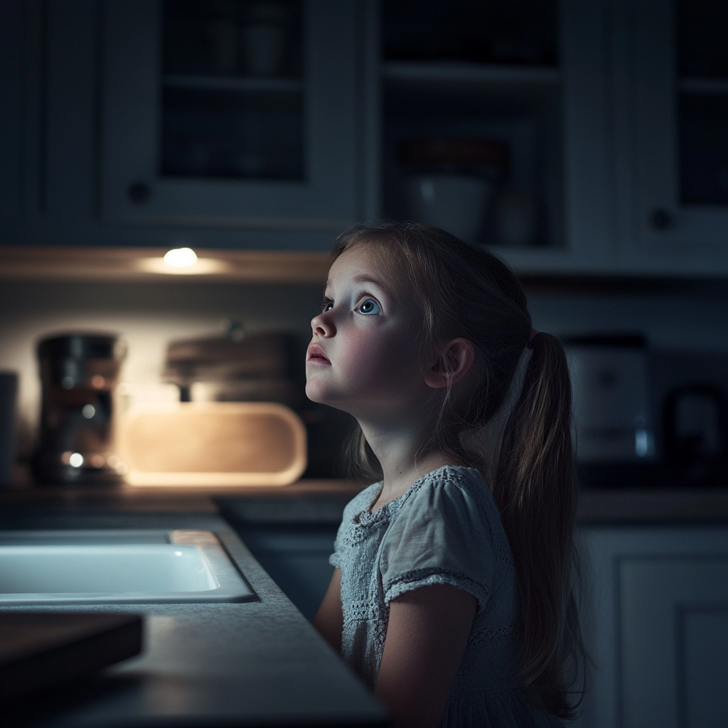 A scared girl in the kitchen | Source: Midjourney