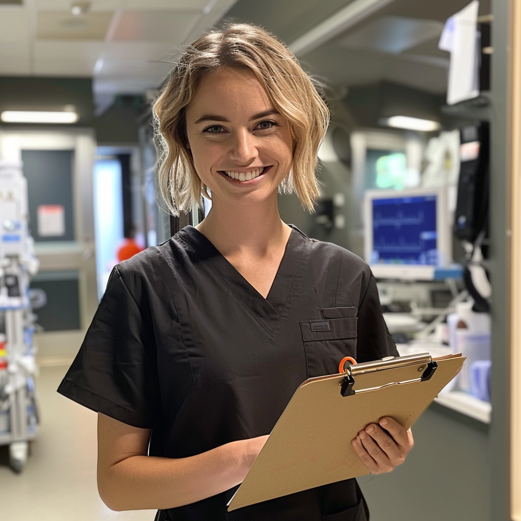 A smiling nurse holding a clipboard | Source: Midjourney